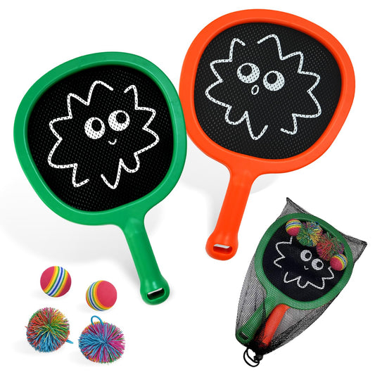 RORLAND Racquet Paddle Bouncy Ball Play Set – Indoor & Outdoor Family Games (4 Balls Included)