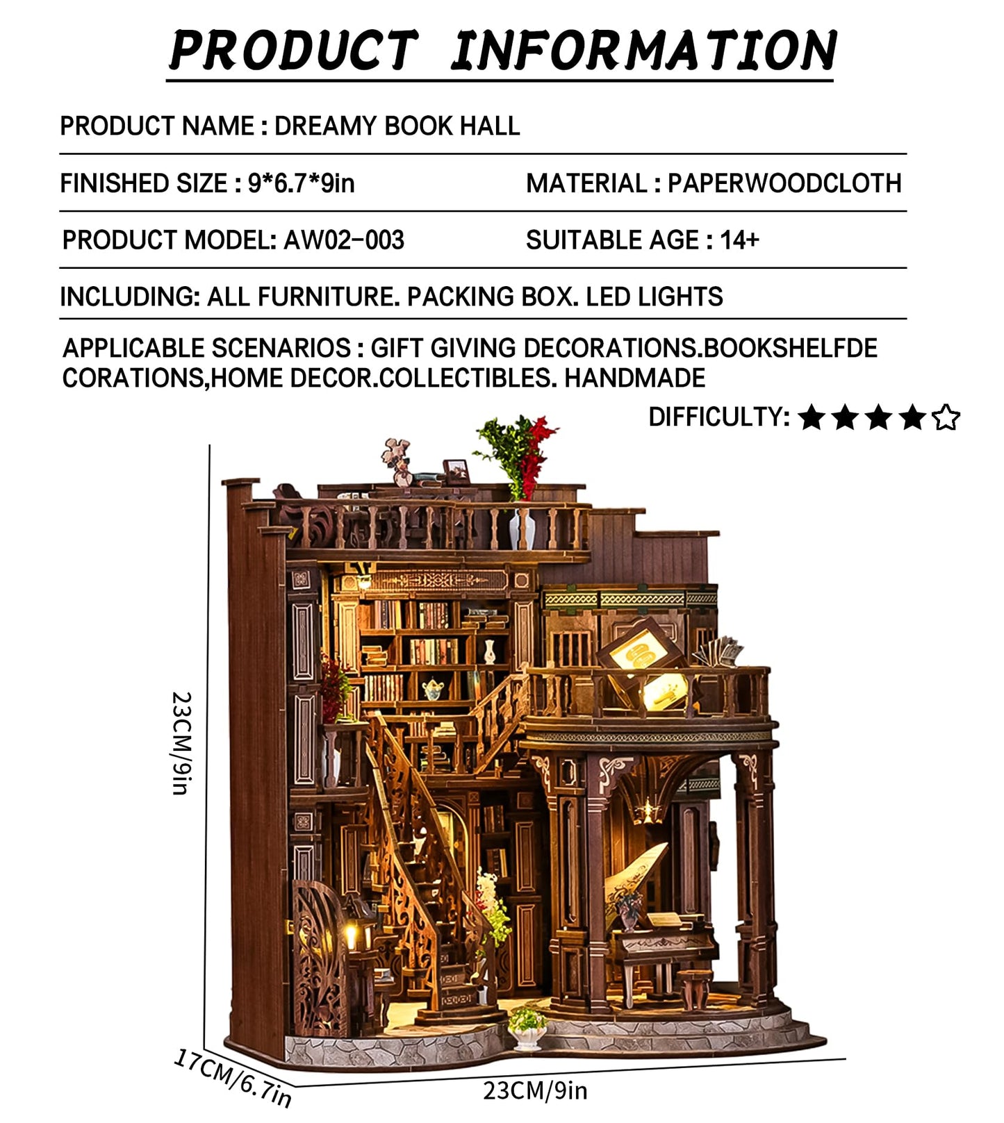 Roroom DIY Miniature House Kit – Dreamy Book Hall Nook with LED Light | Creative Gift for Teens & Book Lovers