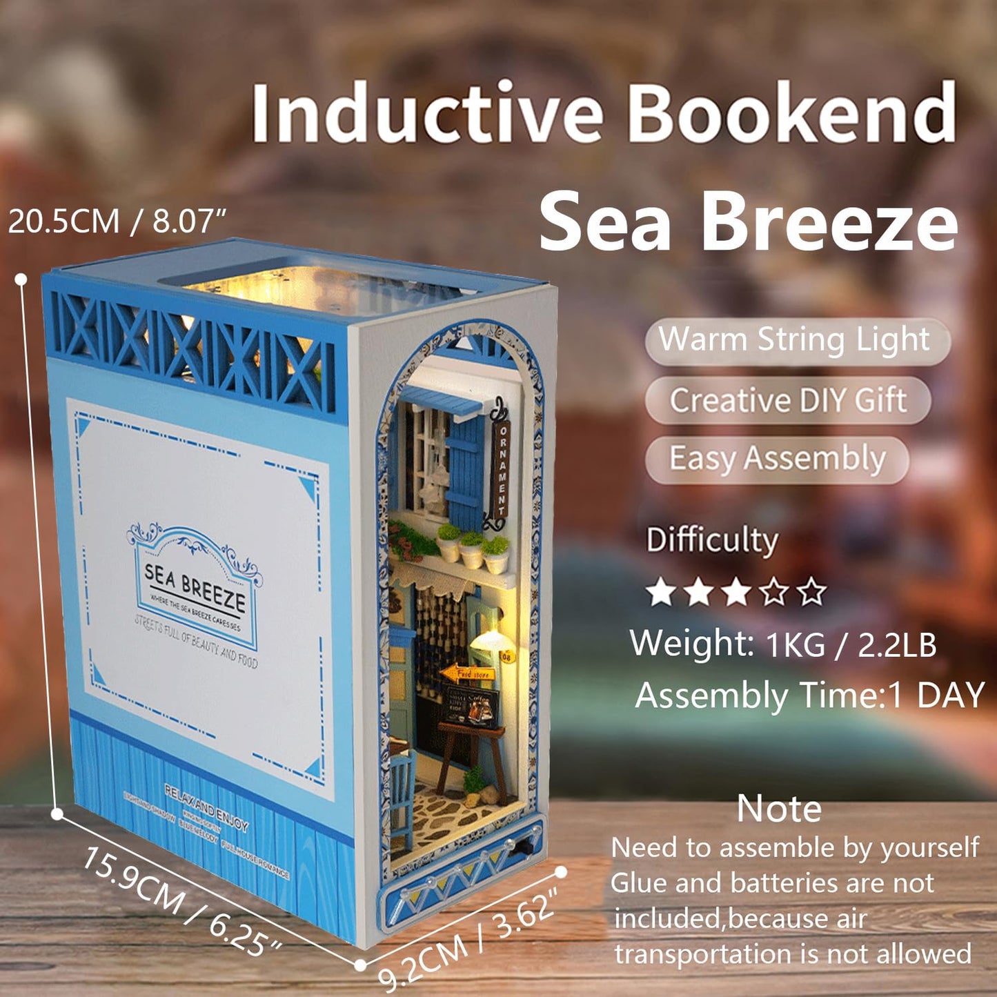Roroom DIY Book Nook Kit Sea Breeze TC18 | 3D Wooden Dollhouse Shelf Decor & Bookend