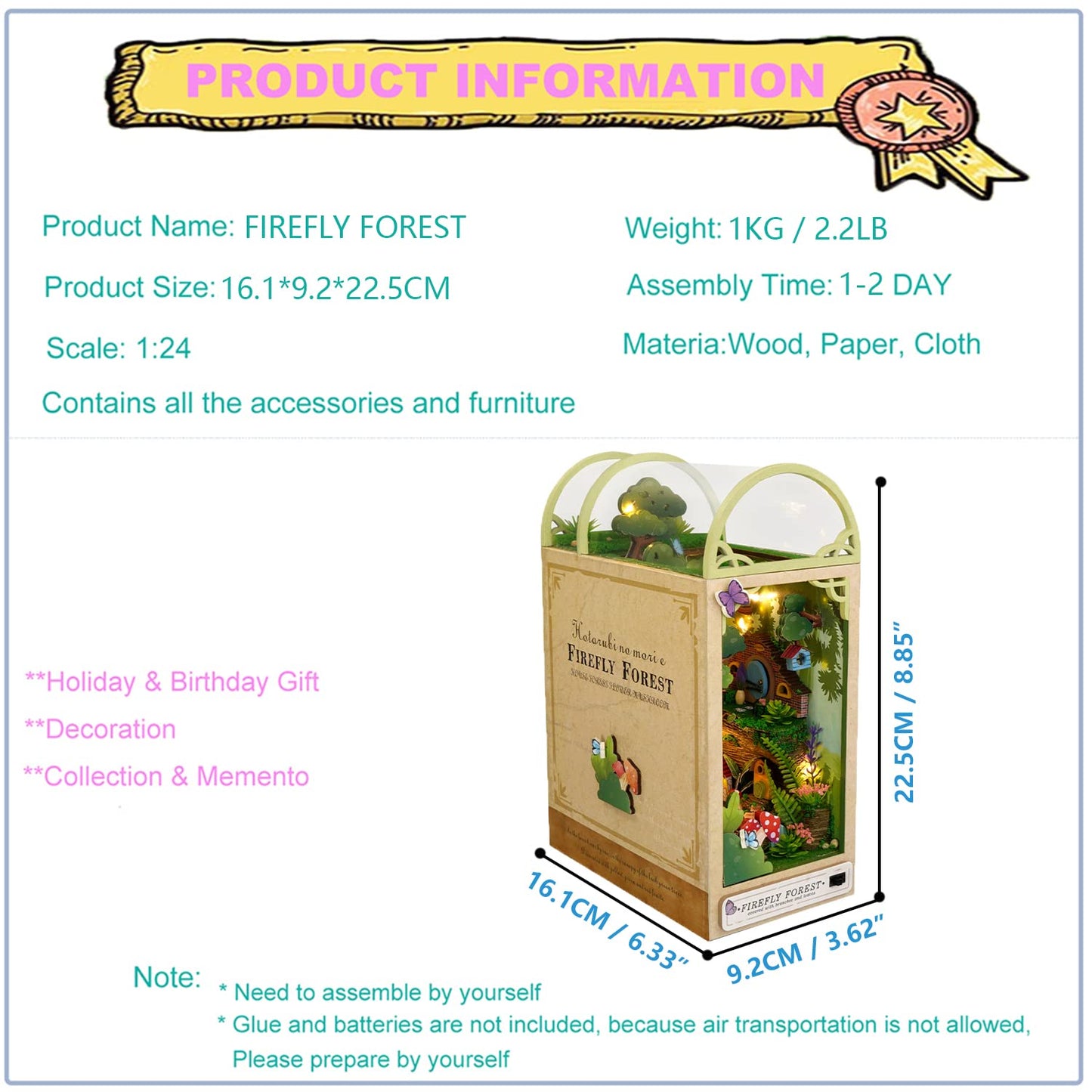 Roroom DIY Book Nook Kit — Firefly Forest TC35 | 3D Wooden Dollhouse Shelf Insert