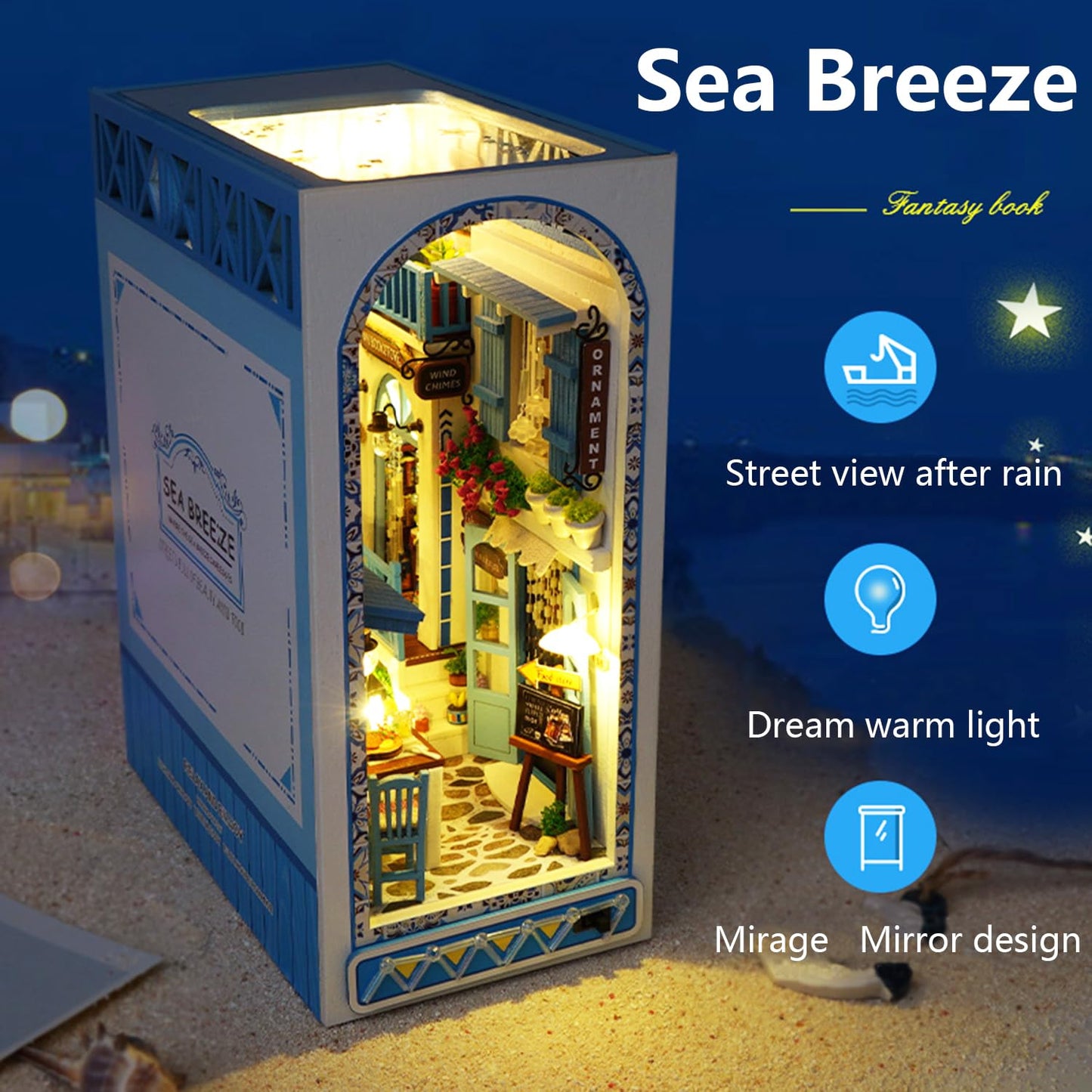 Roroom DIY Book Nook Kit Sea Breeze TC18 | 3D Wooden Dollhouse Shelf Decor & Bookend