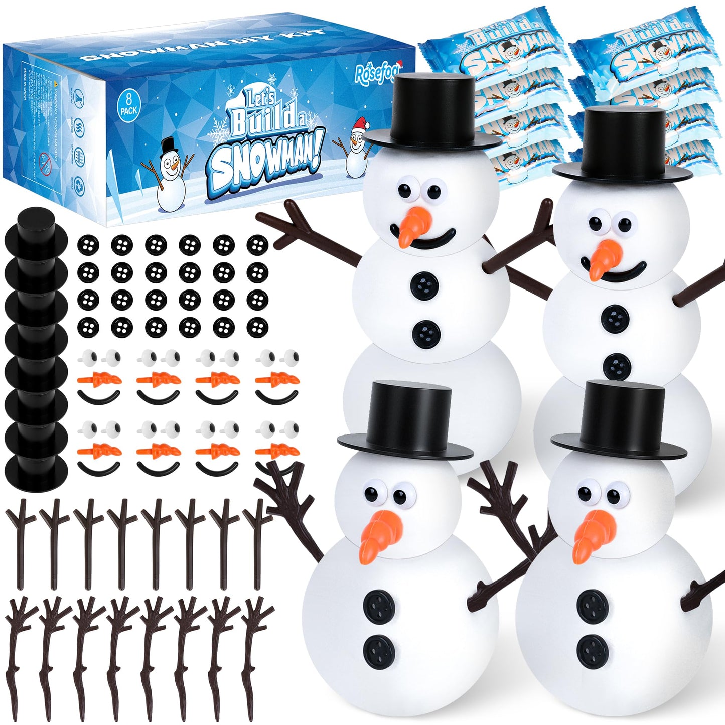 RoseFog 8 Pack Christmas Craft Supplies – DIY Snowman Kit for Indoor Fun