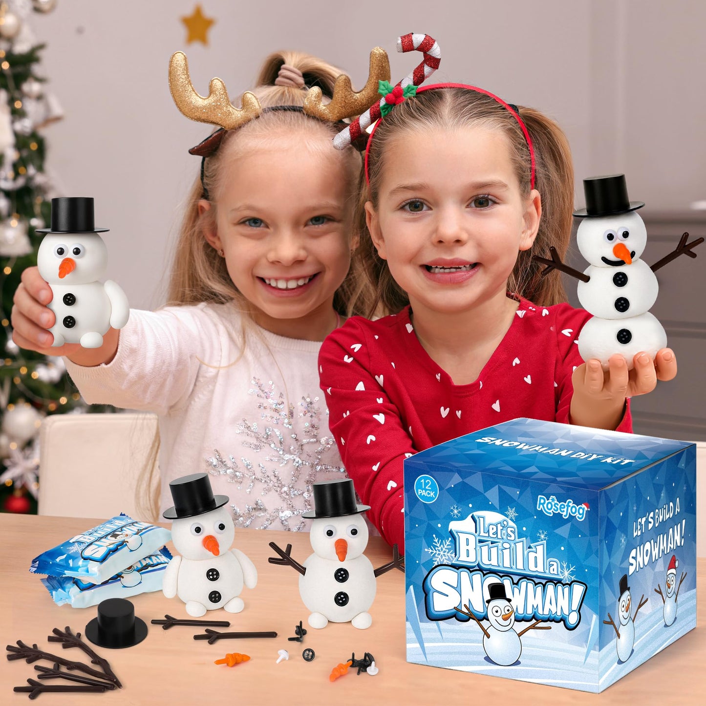 RoseFog 24-Pack Snowman Crafts Kit | Air-Dry Clay Christmas Decor & Family Gift
