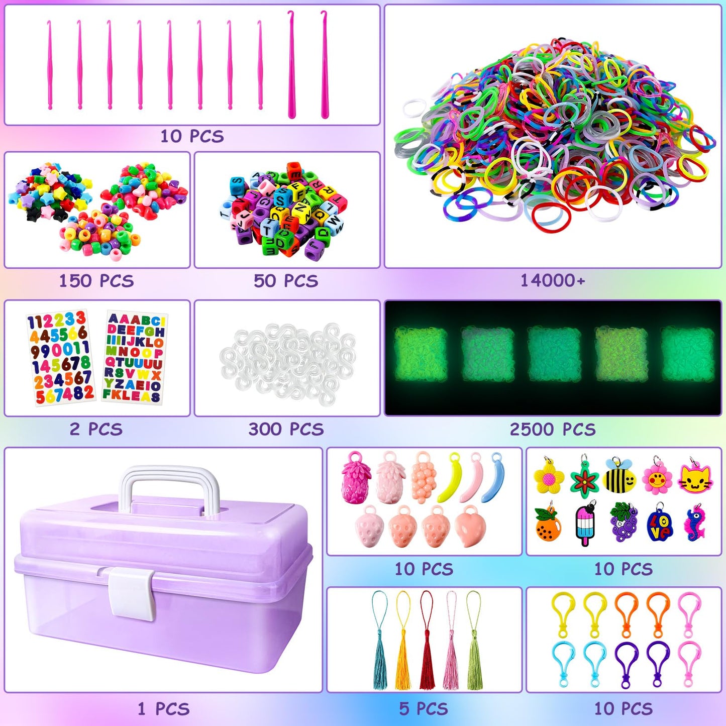 ROSHUKG 14500 Purple Rubber Band Bracelet Kit – Colorful Refill Set with 3-Layer Container