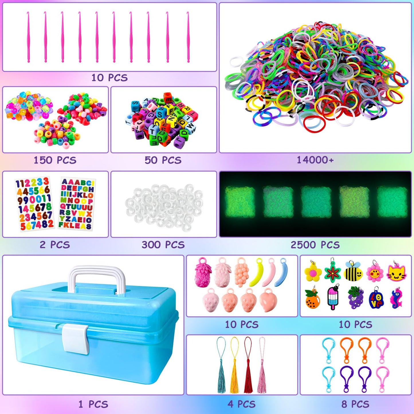 ROSHUKG 14500 Colorful Rubber Bands Kit with 3-Layer Organizer (Blue)