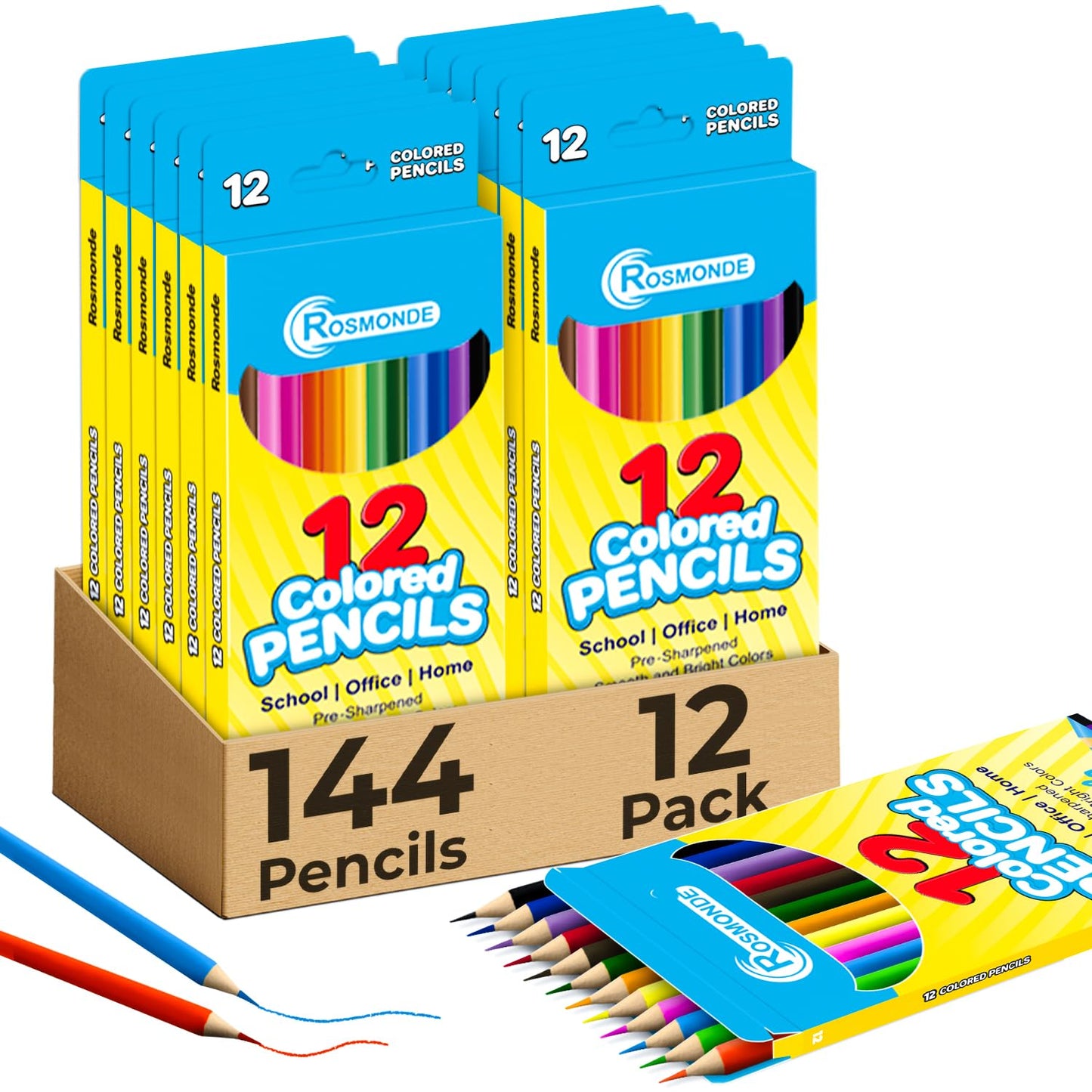 Rosmonde 12-Pack Colored Pencils, 144 Count – Pre-Sharpened Classroom Art Set