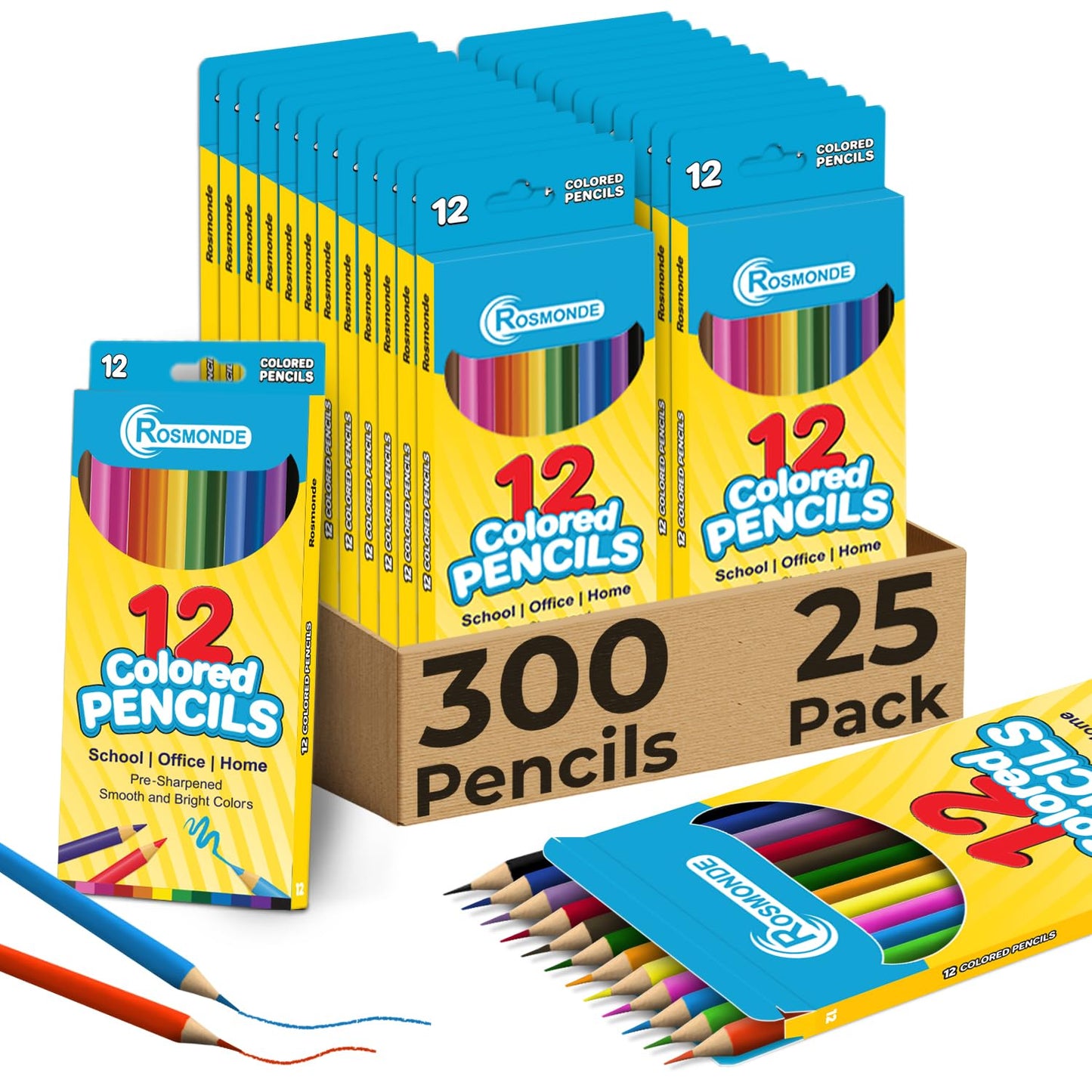 Rosmonde Colored Pencils Bulk 300-Pencil Set | 12 Bright Pre-Sharpened Colors