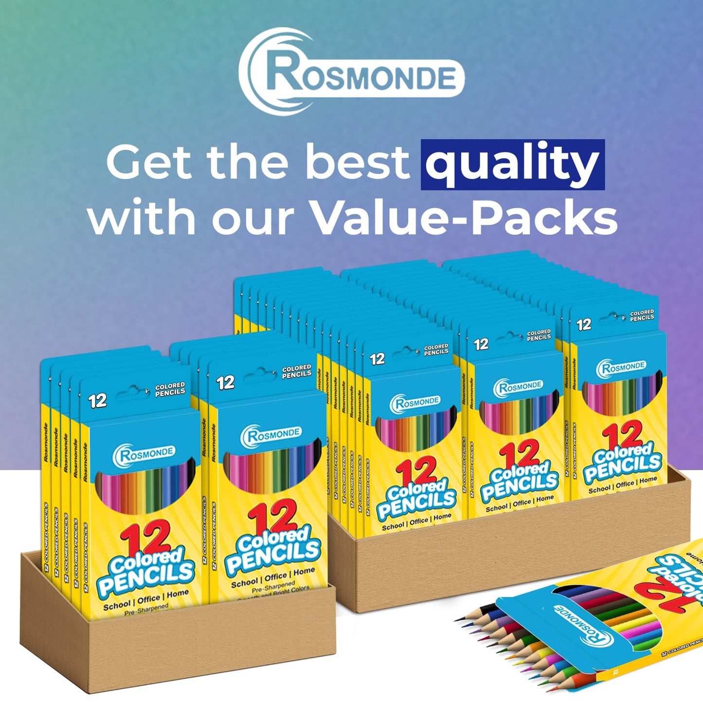 Rosmonde Colored Pencils Bulk 300-Pencil Set | 12 Bright Pre-Sharpened Colors