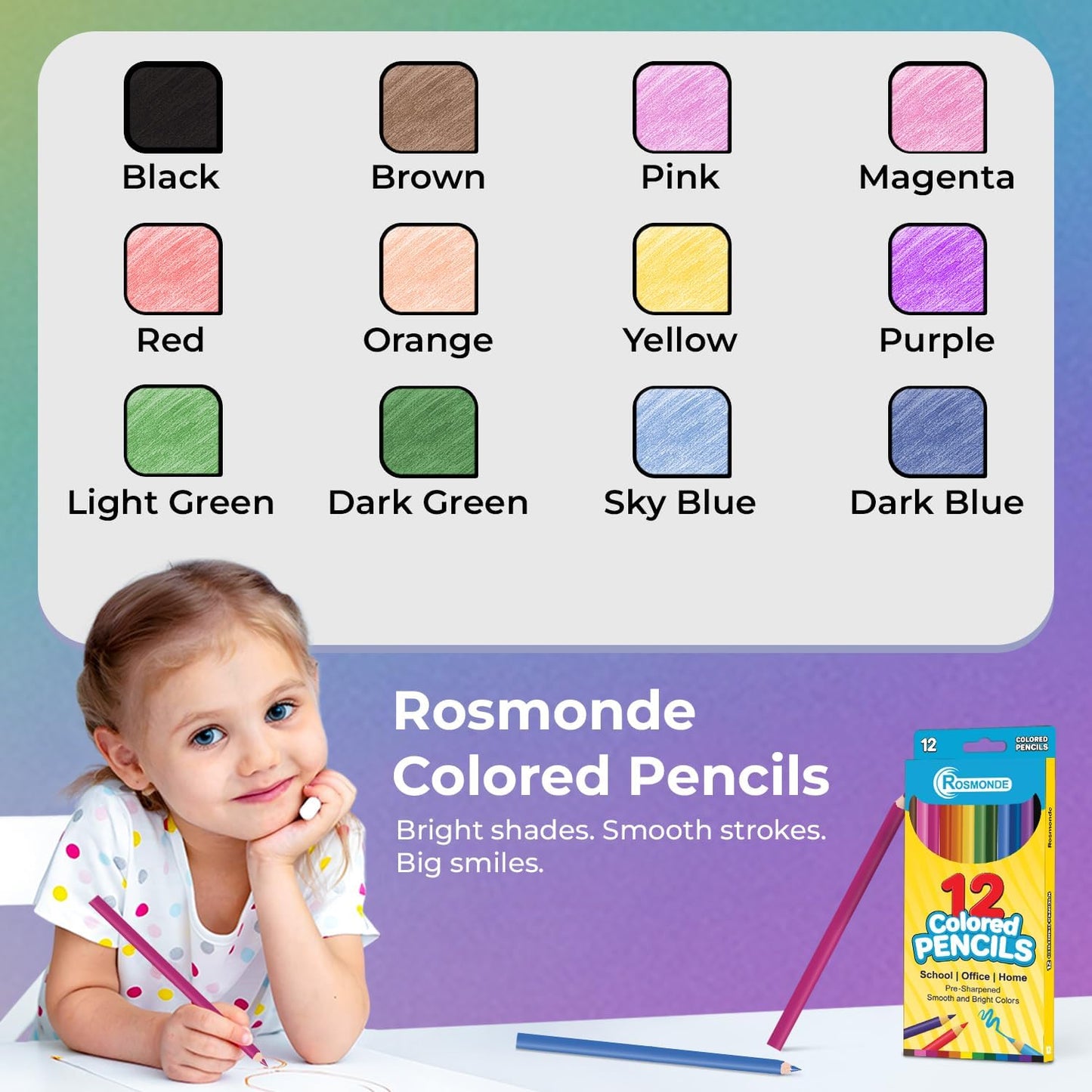 Rosmonde Colored Pencils Bulk 300-Pencil Set | 12 Bright Pre-Sharpened Colors