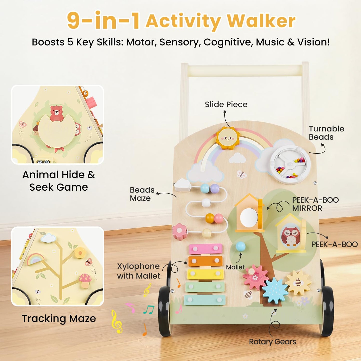 Rosynee Wooden Baby Push Walker – Montessori 9-in-1 Activity Center with Adjustable Height & Speed