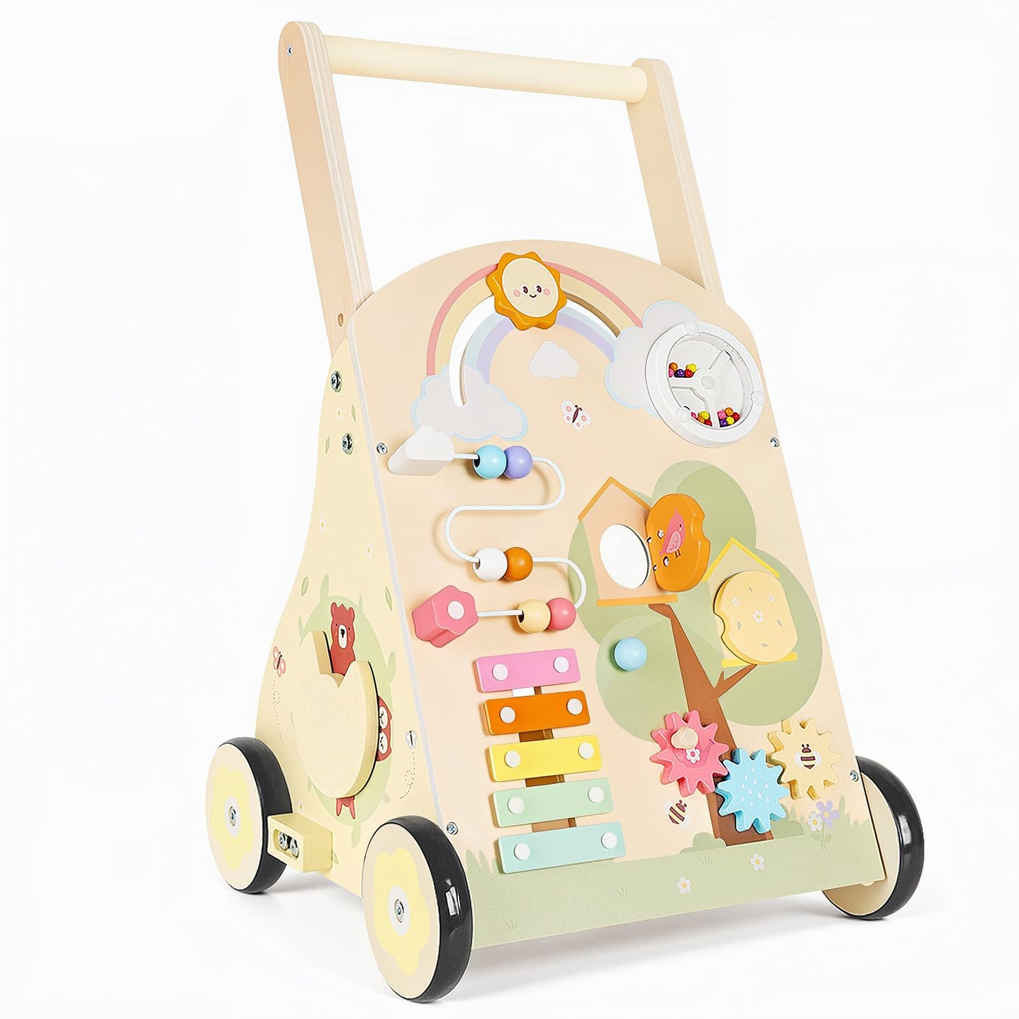 Rosynee Wooden Baby Push Walker – Montessori 9-in-1 Activity Center with Adjustable Height & Speed
