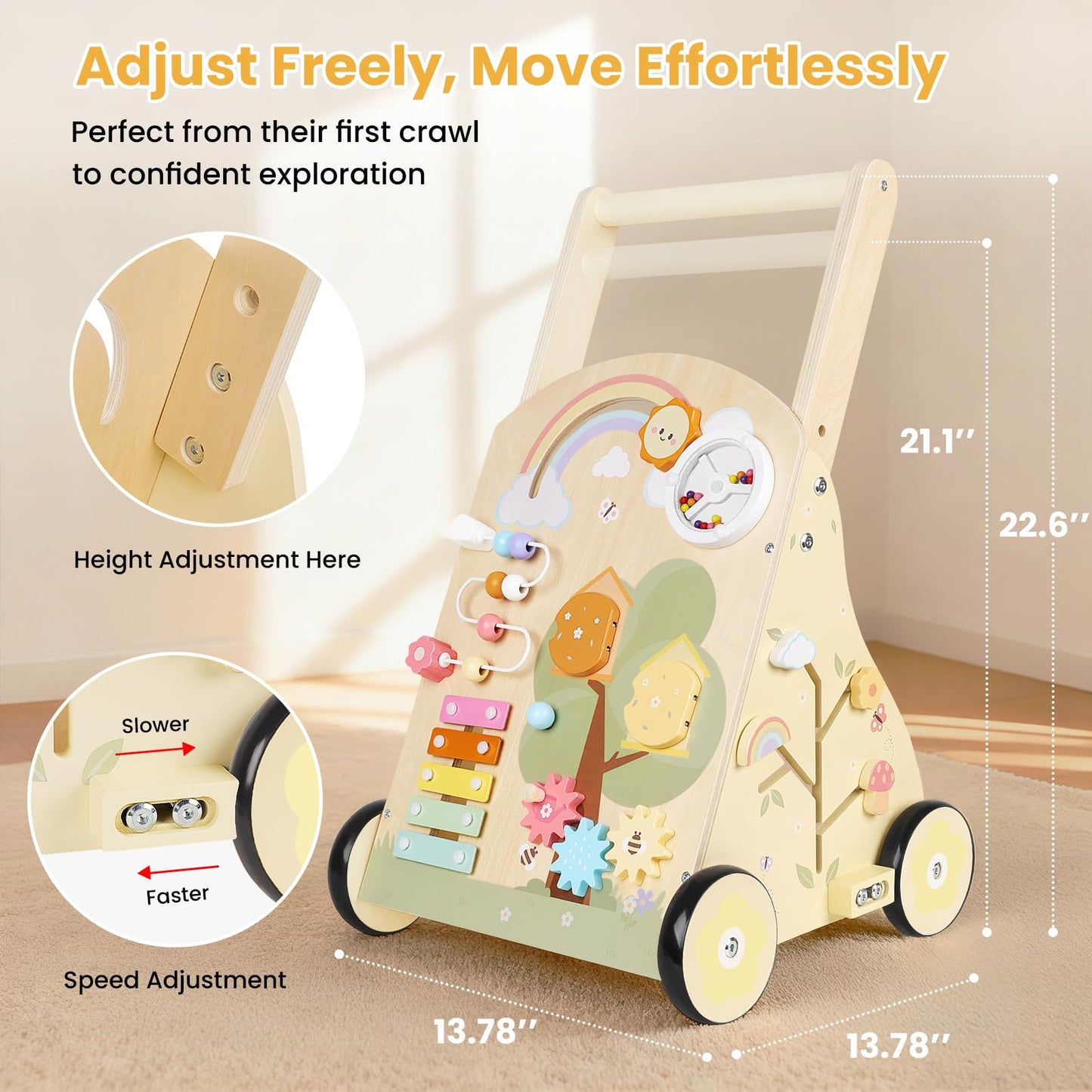 Rosynee Wooden Baby Push Walker – Montessori 9-in-1 Activity Center with Adjustable Height & Speed