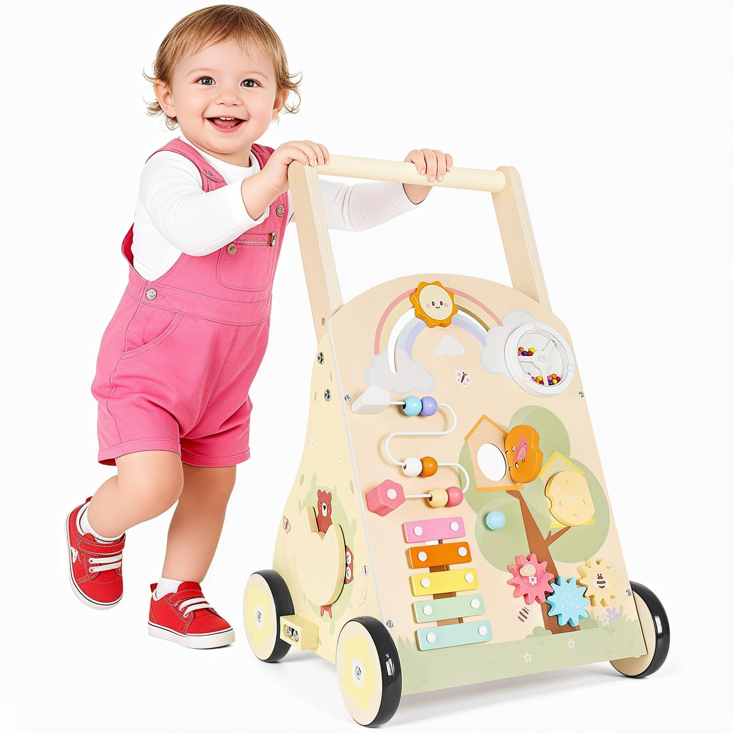 Rosynee Wooden Baby Push Walker – Montessori 9-in-1 Activity Center with Adjustable Height & Speed