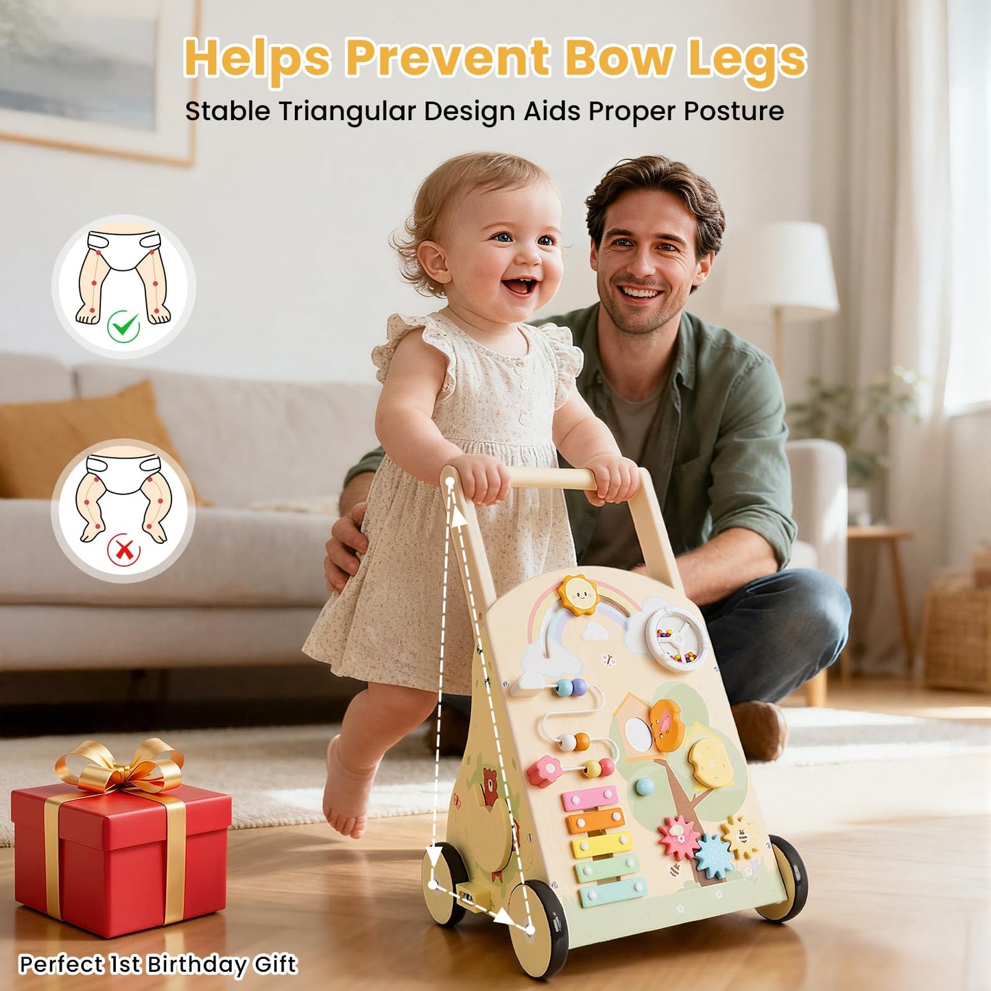 Rosynee Wooden Baby Push Walker – Montessori 9-in-1 Activity Center with Adjustable Height & Speed