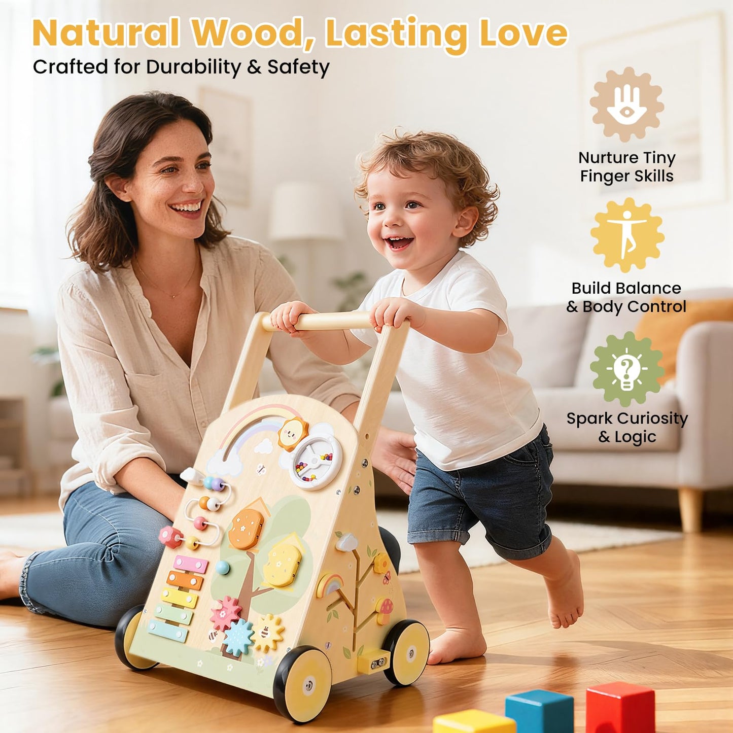 Rosynee Wooden Baby Push Walker – Montessori 9-in-1 Activity Center with Adjustable Height & Speed