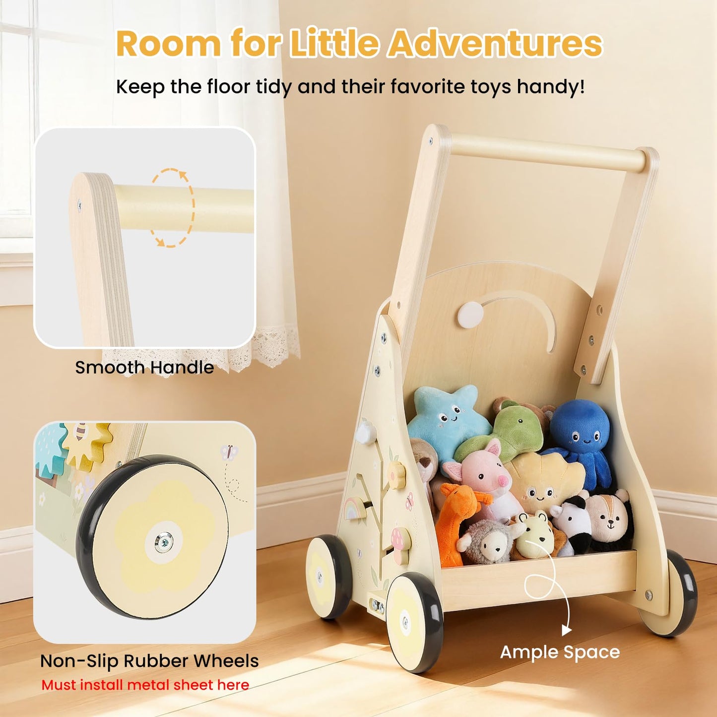 Rosynee Wooden Baby Push Walker – Montessori 9-in-1 Activity Center with Adjustable Height & Speed