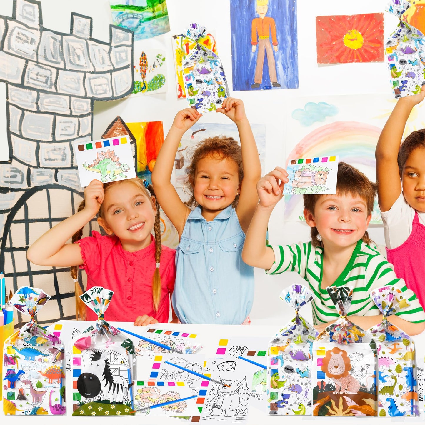 Rotu Party Favors for Kids 4-8 | 106 Pcs Watercolor Coloring Set, 15-Pack Goodie Bags & Paint Brushes