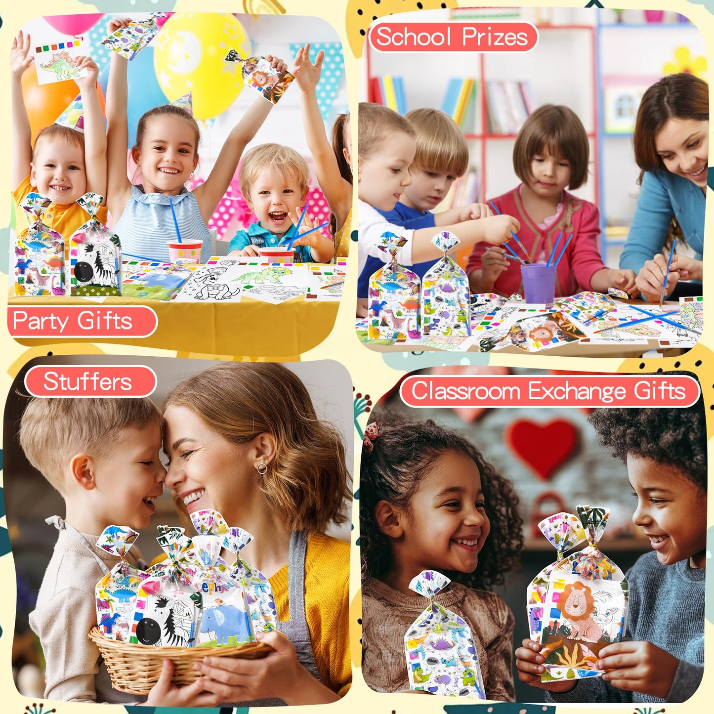 Rotu Party Favors for Kids 4-8 | 106 Pcs Watercolor Coloring Set, 15-Pack Goodie Bags & Paint Brushes