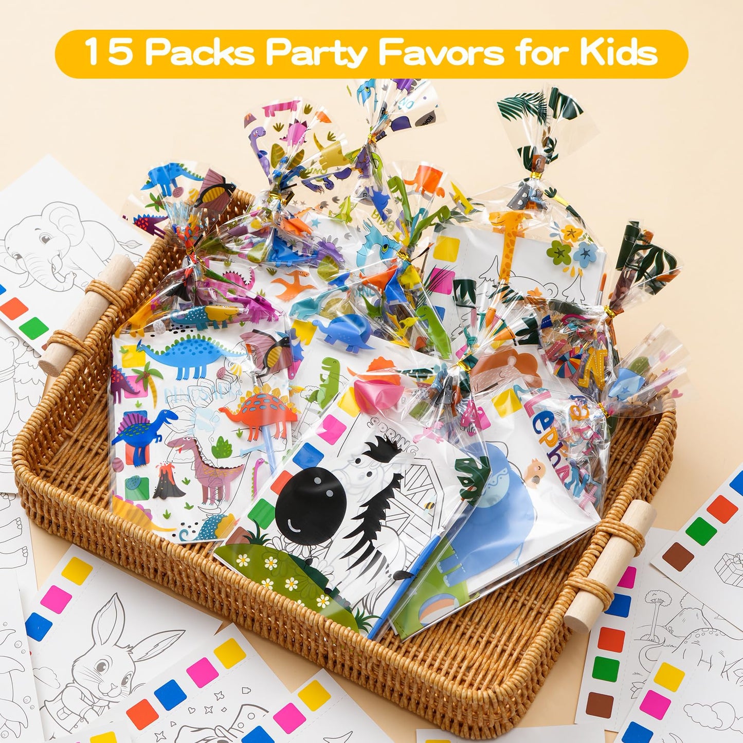 Rotu Party Favors for Kids 4-8 | 106 Pcs Watercolor Coloring Set, 15-Pack Goodie Bags & Paint Brushes