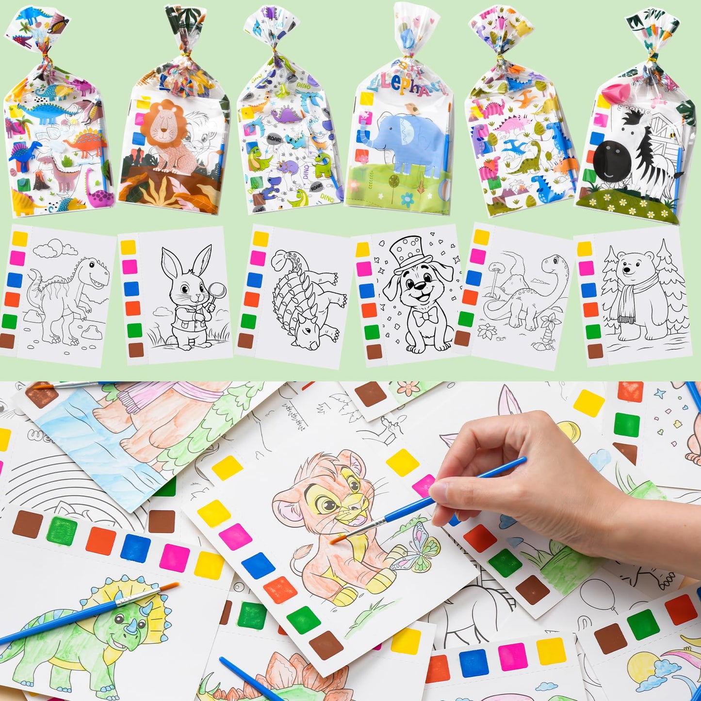 Rotu Party Favors for Kids 4-8 | 106 Pcs Watercolor Coloring Set, 15-Pack Goodie Bags & Paint Brushes