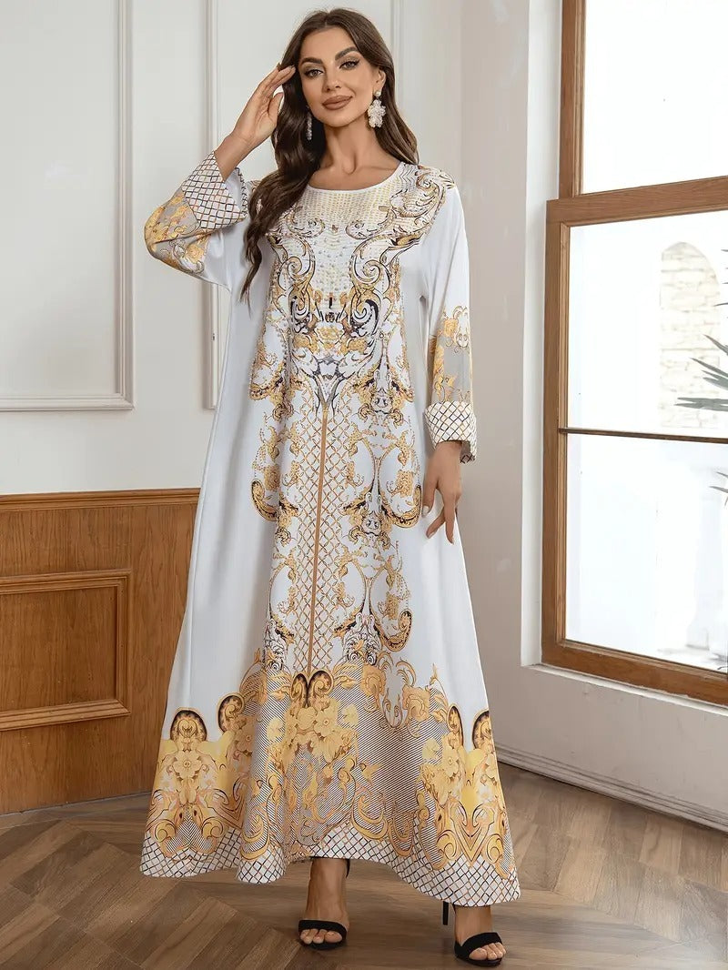 Round Neck Rhinestone Decorative Print Long Abaya Dress