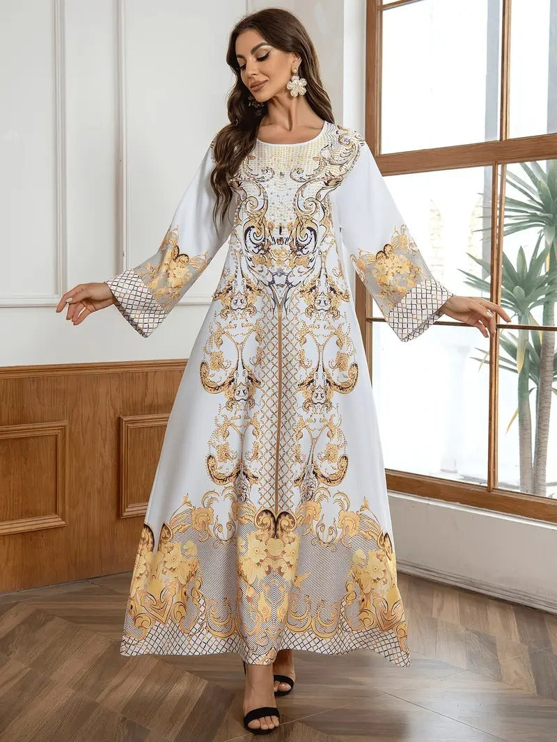 Round Neck Rhinestone Decorative Print Long Abaya Dress