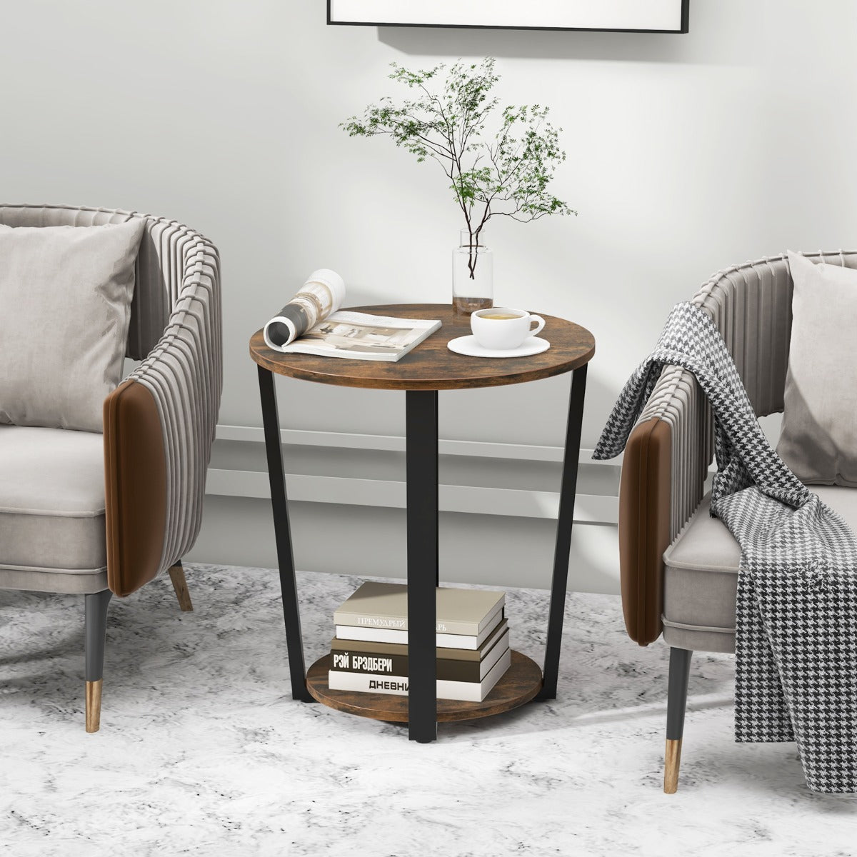 2-Tier Accent Side Table with Open Shelf-Rustic Brown