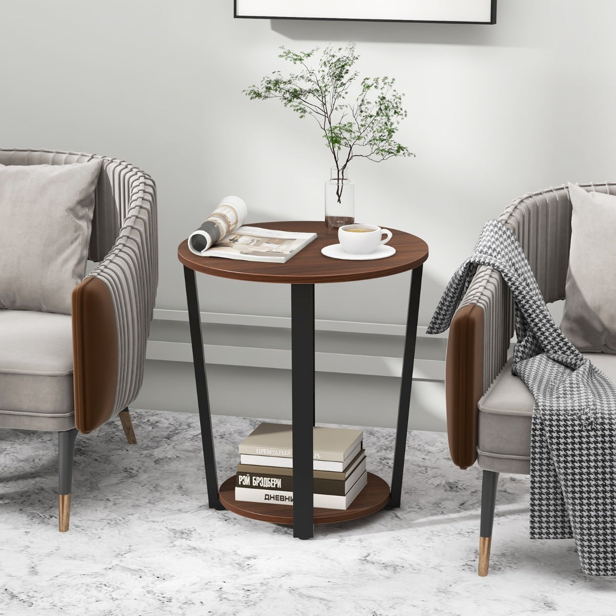 2-Tier Accent Side Table with Open Shelf-Rustic Brown