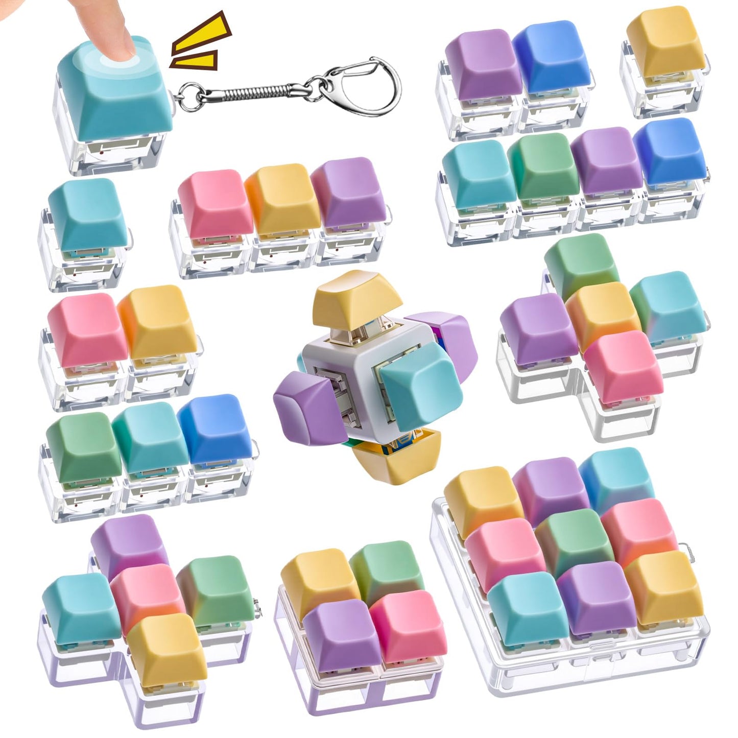 RoundFunny 12-Pcs Keyboard Clicker Fidget Toys — Classic Stress Relief Keychain Set for Adults & Kids