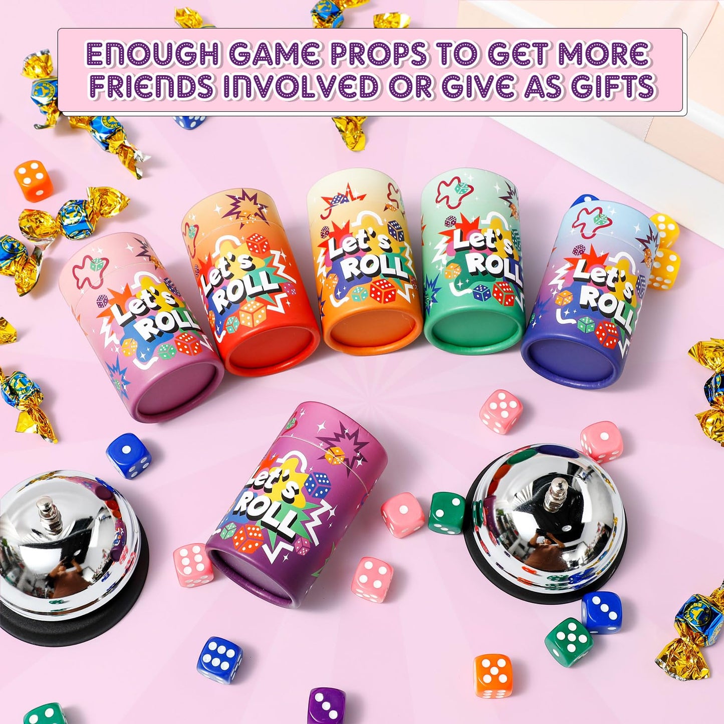 RoundFunny Bunco Game Kit — 72 Dice, 6 Bells, 6 Cups for 2–12 Players