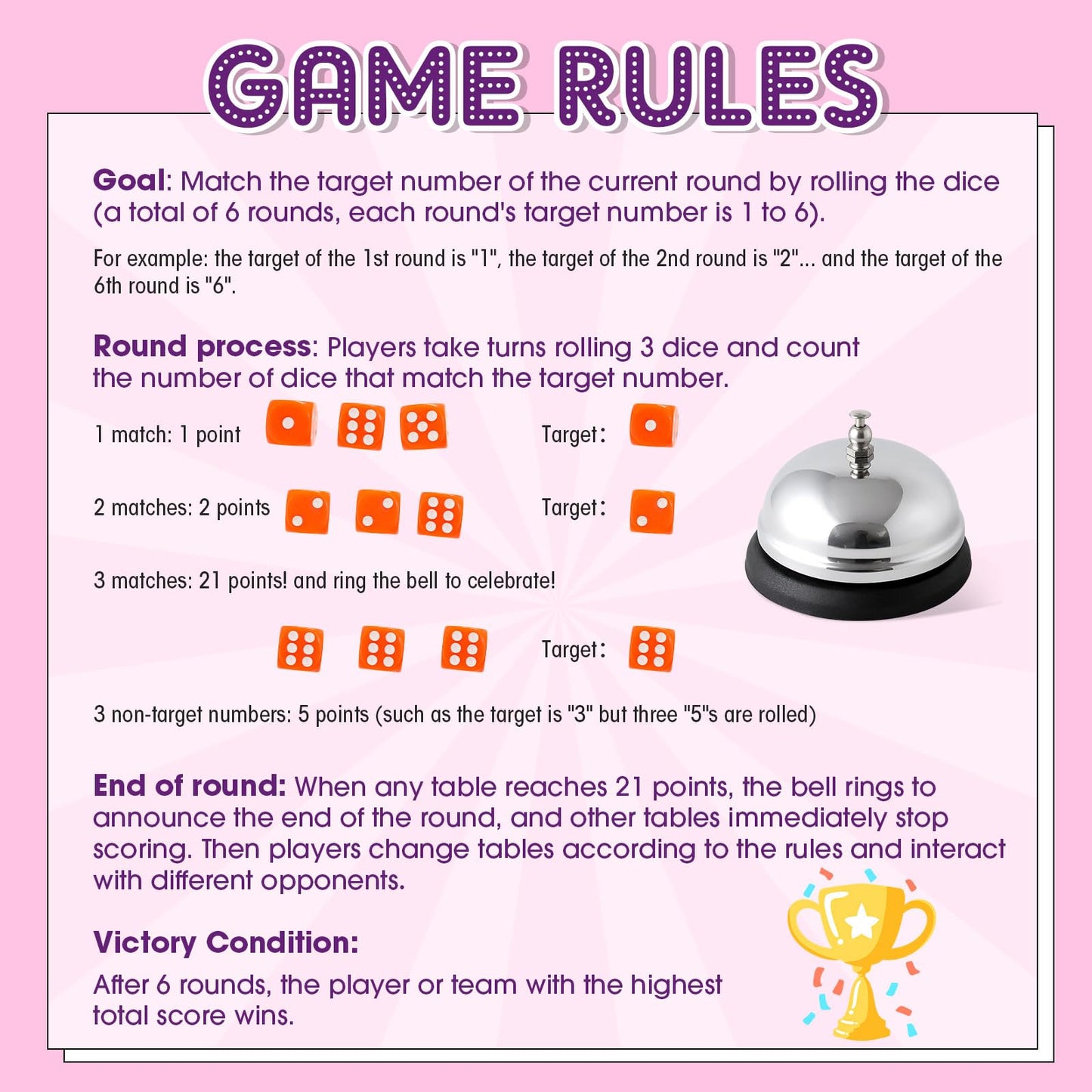 RoundFunny Bunco Game Kit — 72 Dice, 6 Bells, 6 Cups for 2–12 Players