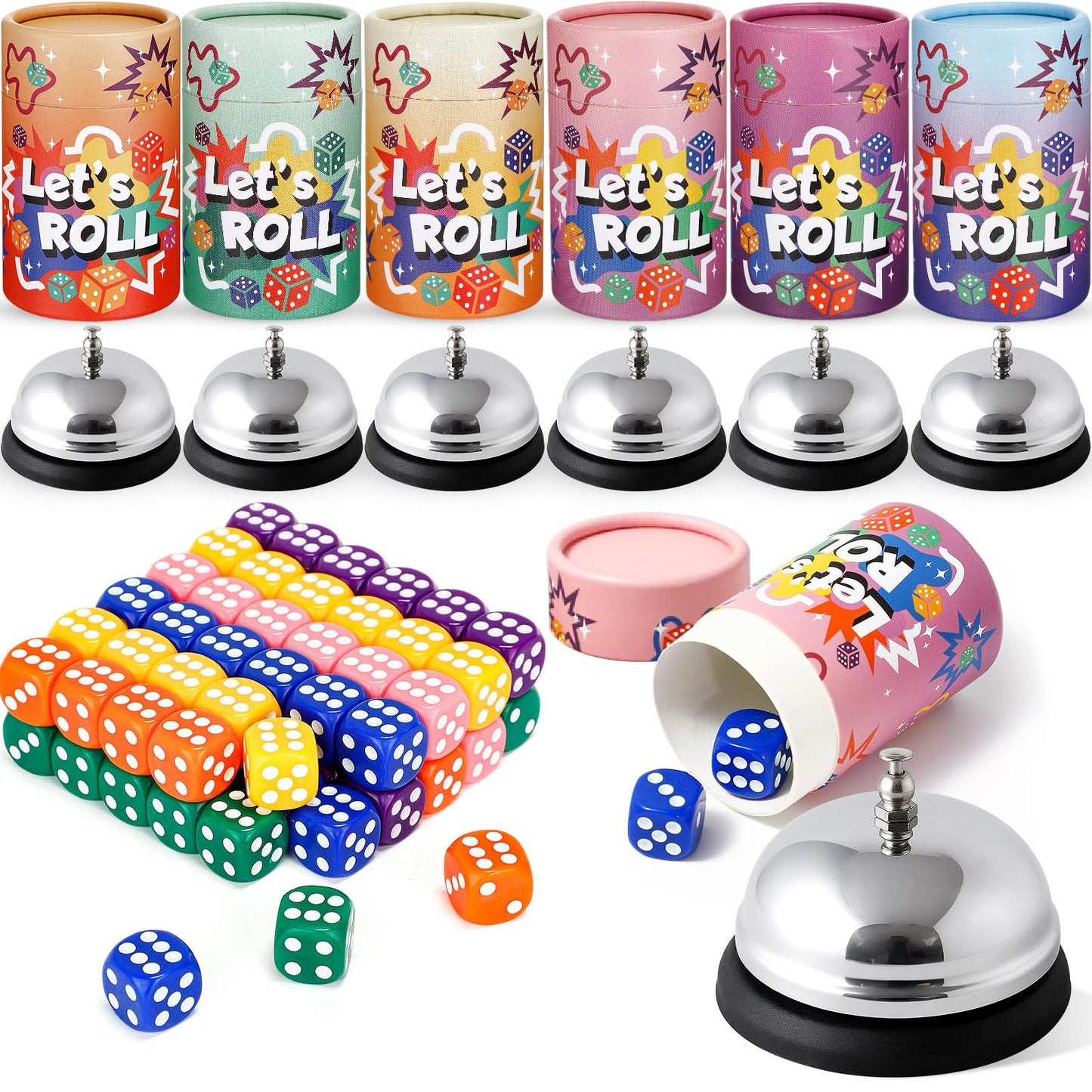RoundFunny Bunco Game Kit — 72 Dice, 6 Bells, 6 Cups for 2–12 Players