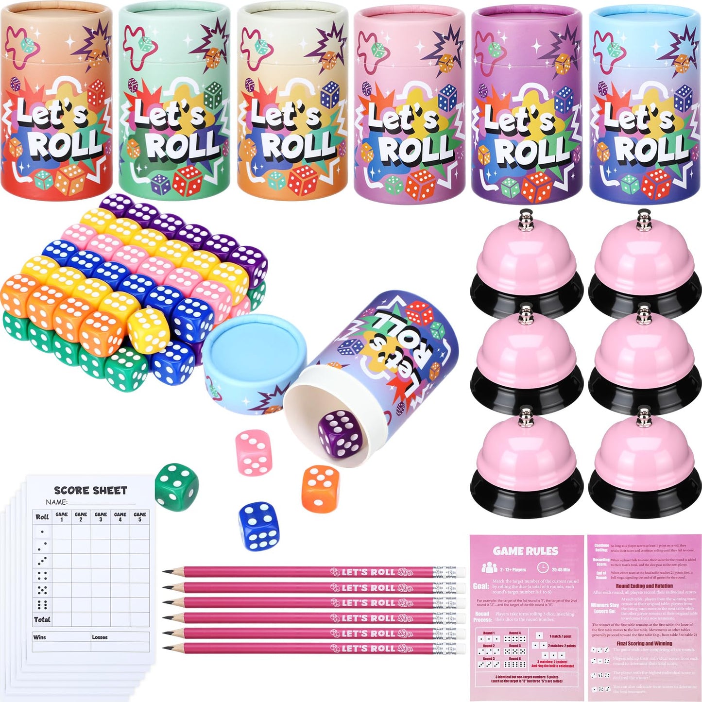 RoundFunny Bunco Game Kit – 6 Sets for Up to 12 Players (Pink)