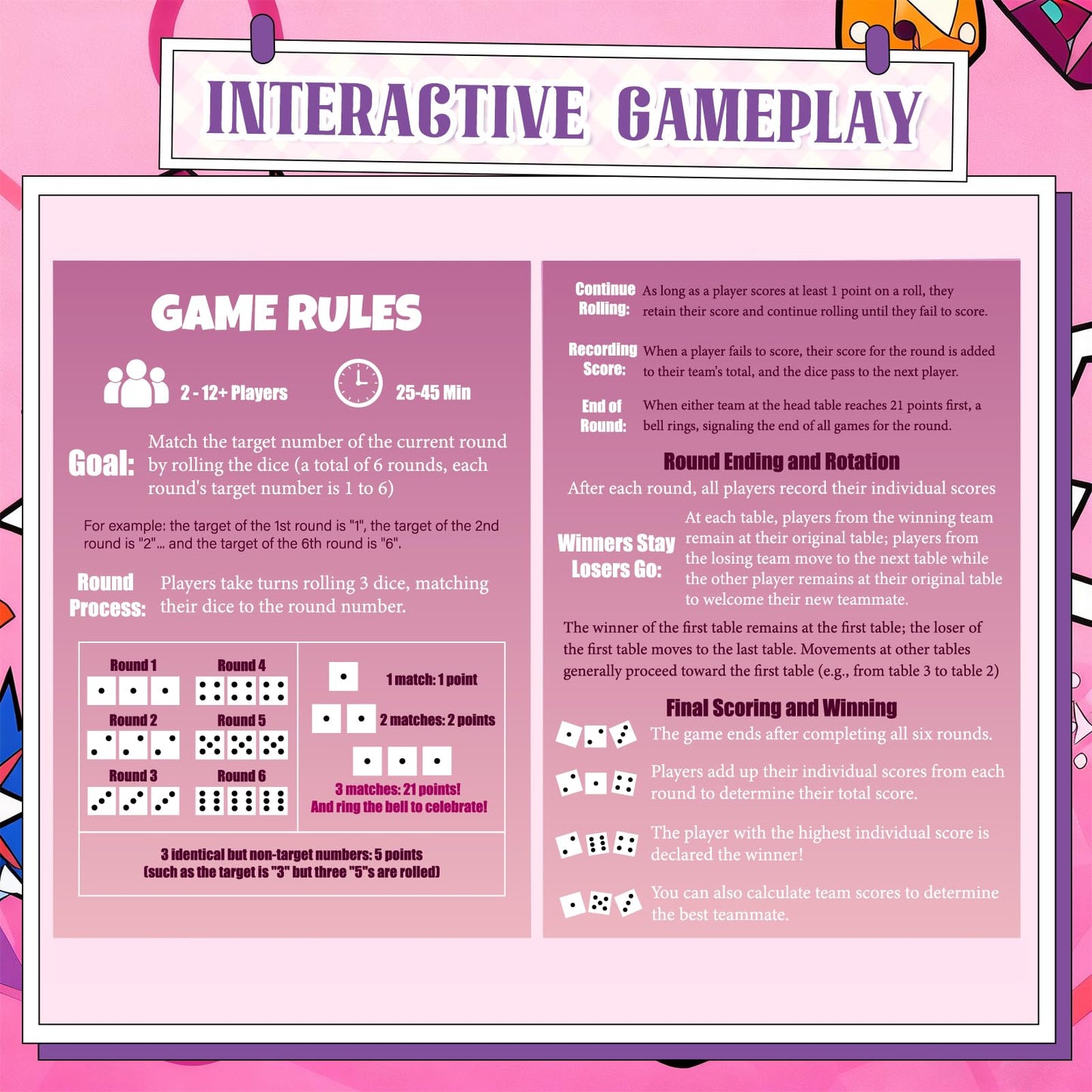 RoundFunny Bunco Game Kit – 6 Sets for Up to 12 Players (Pink)