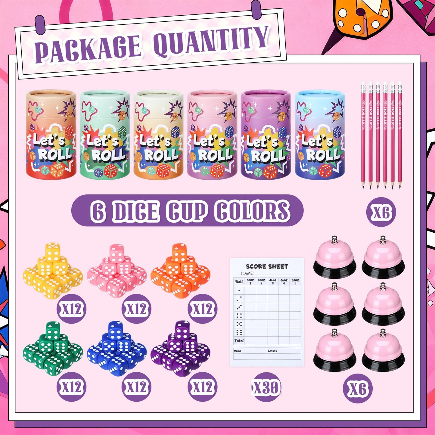 RoundFunny Bunco Game Kit – 6 Sets for Up to 12 Players (Pink)