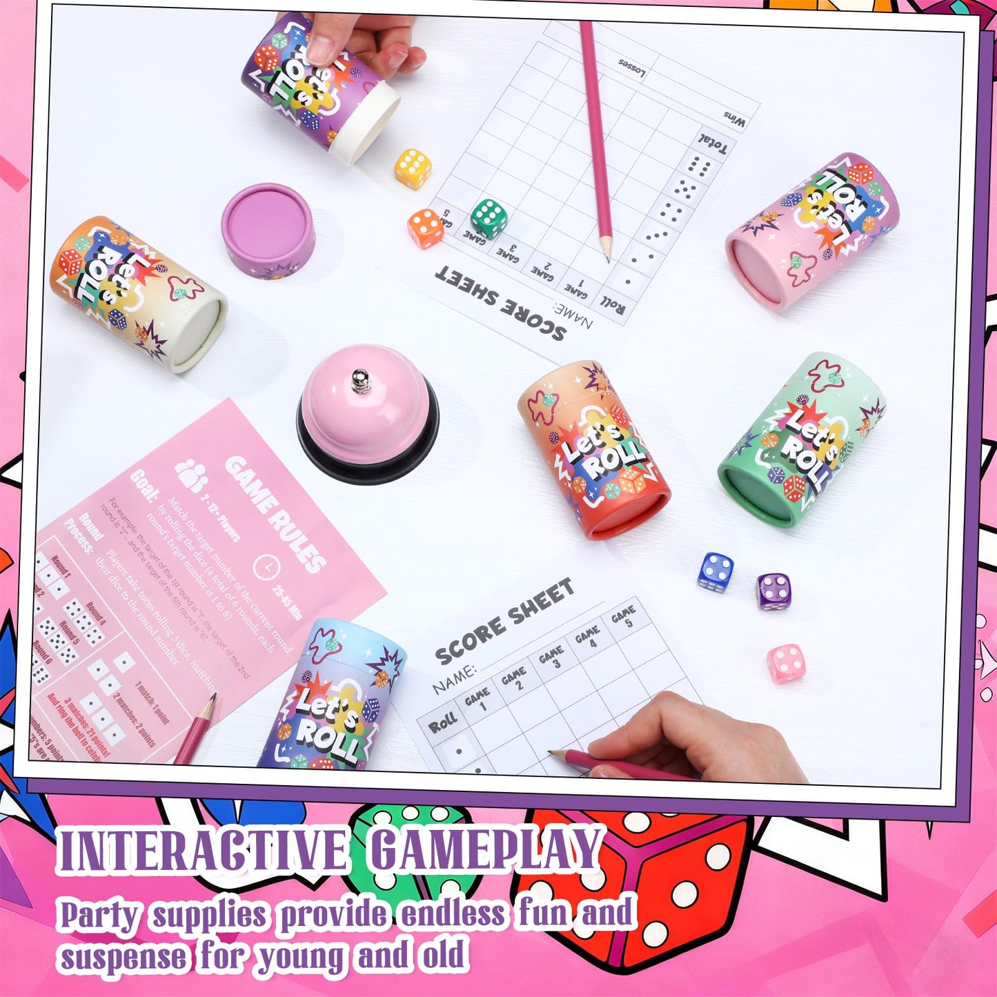RoundFunny Bunco Game Kit – 6 Sets for Up to 12 Players (Pink)