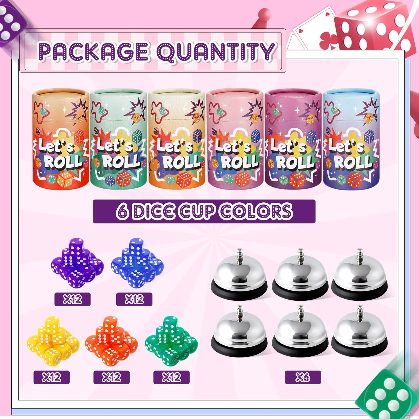 RoundFunny Bunco Game Kit — 72 Dice, 6 Bells, 6 Cups for 2–12 Players