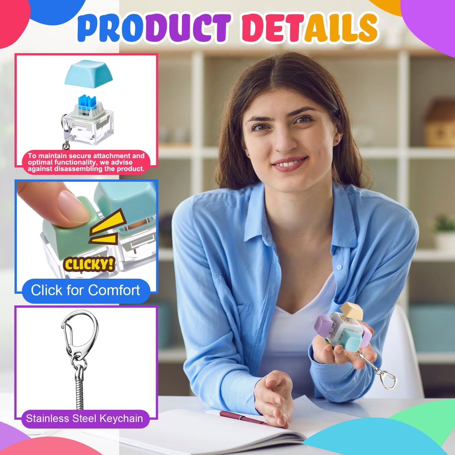 RoundFunny 12-Pcs Keyboard Clicker Fidget Toys — Classic Stress Relief Keychain Set for Adults & Kids