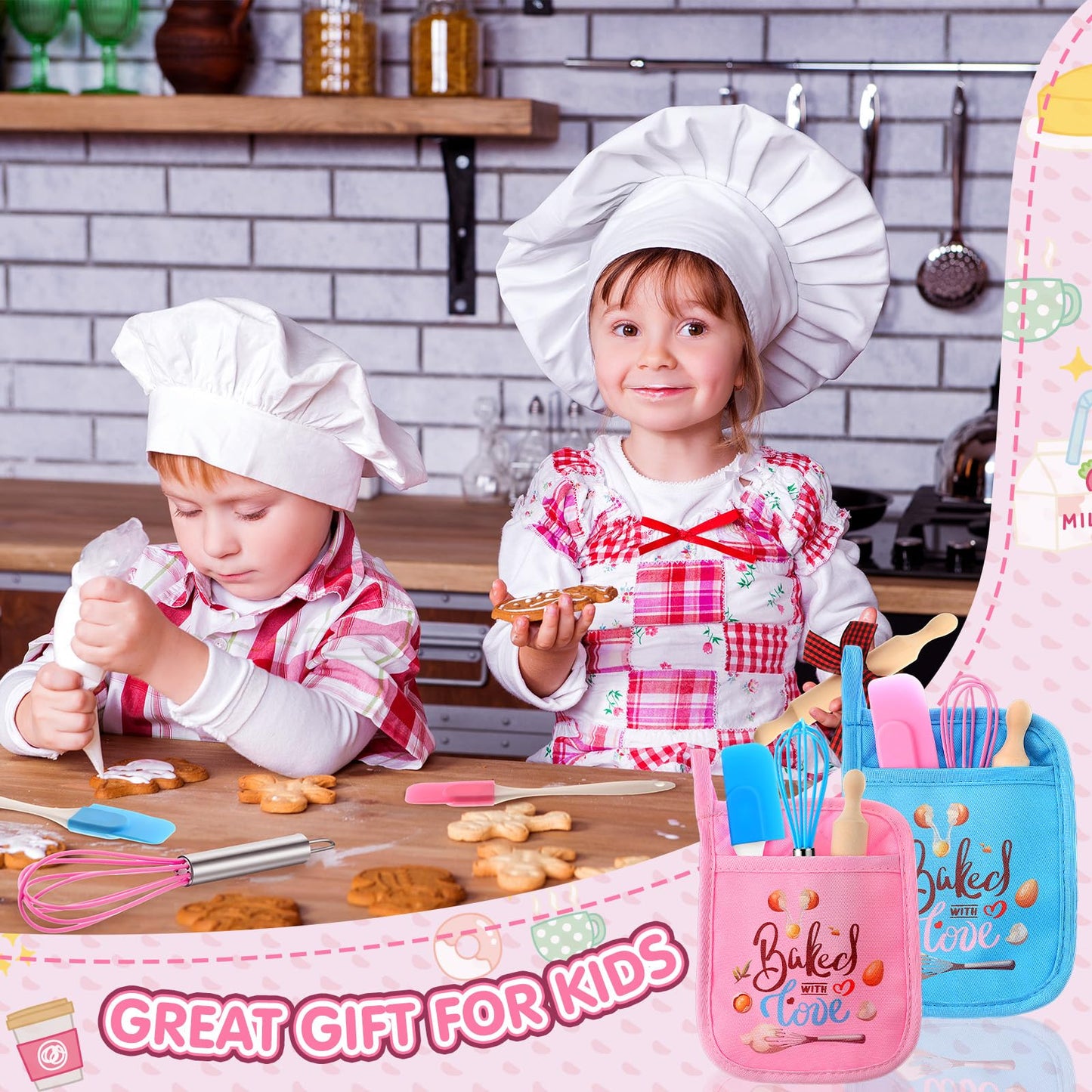 RoundFunny 24 Pcs Kids Mini Baking Set – Spatula, Rolling Pin, Whisk & Pot Holders