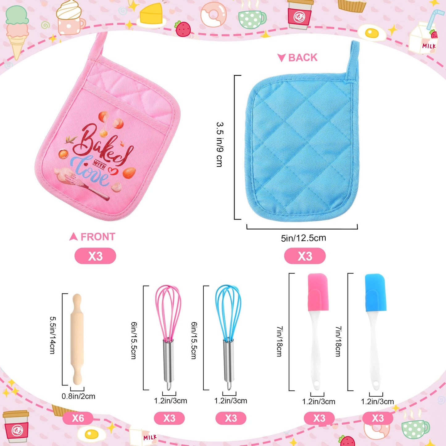 RoundFunny 24 Pcs Kids Mini Baking Set – Spatula, Rolling Pin, Whisk & Pot Holders