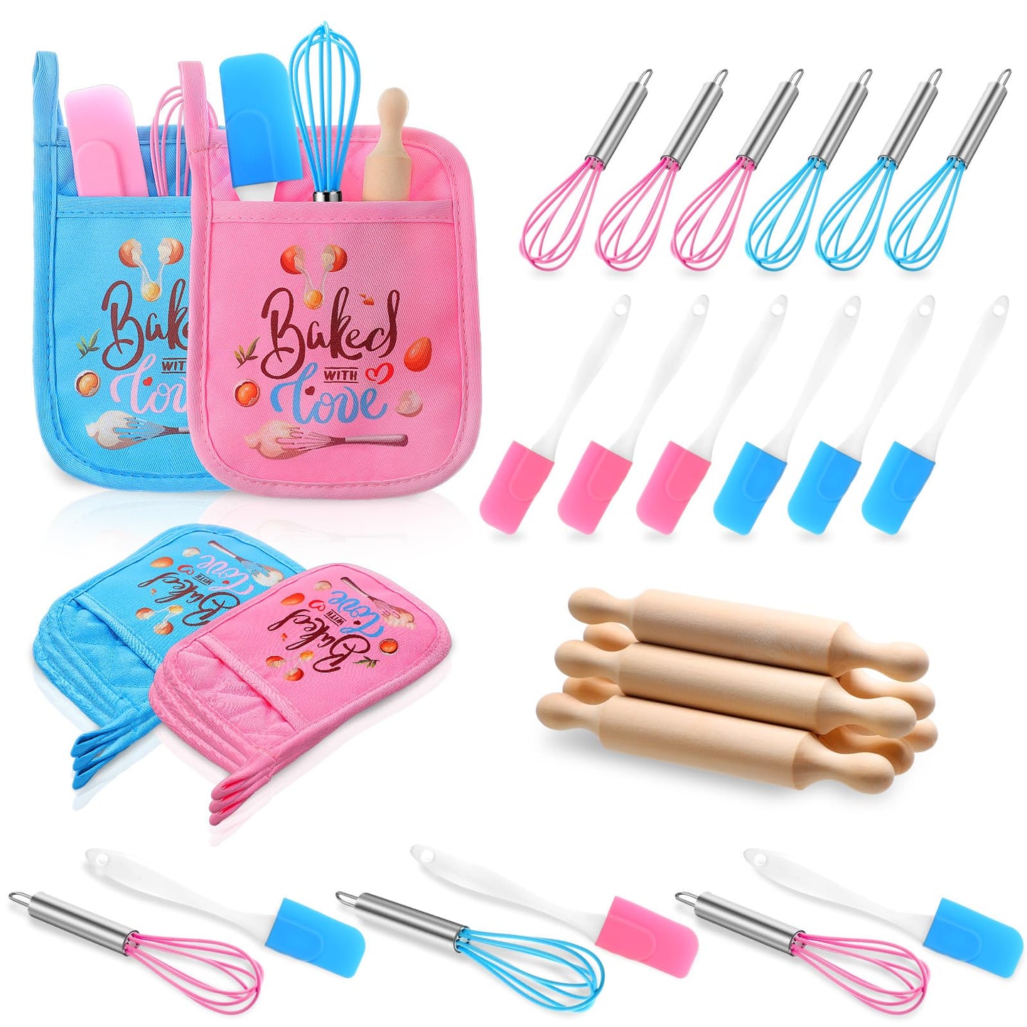 RoundFunny 24 Pcs Kids Mini Baking Set – Spatula, Rolling Pin, Whisk & Pot Holders