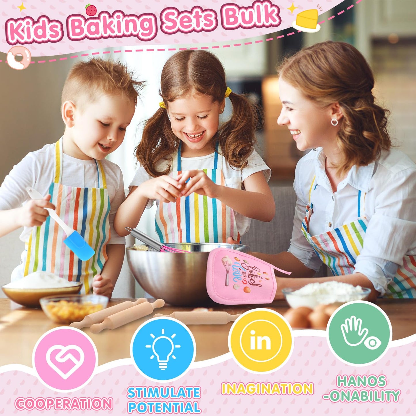 RoundFunny 24 Pcs Kids Mini Baking Set – Spatula, Rolling Pin, Whisk & Pot Holders