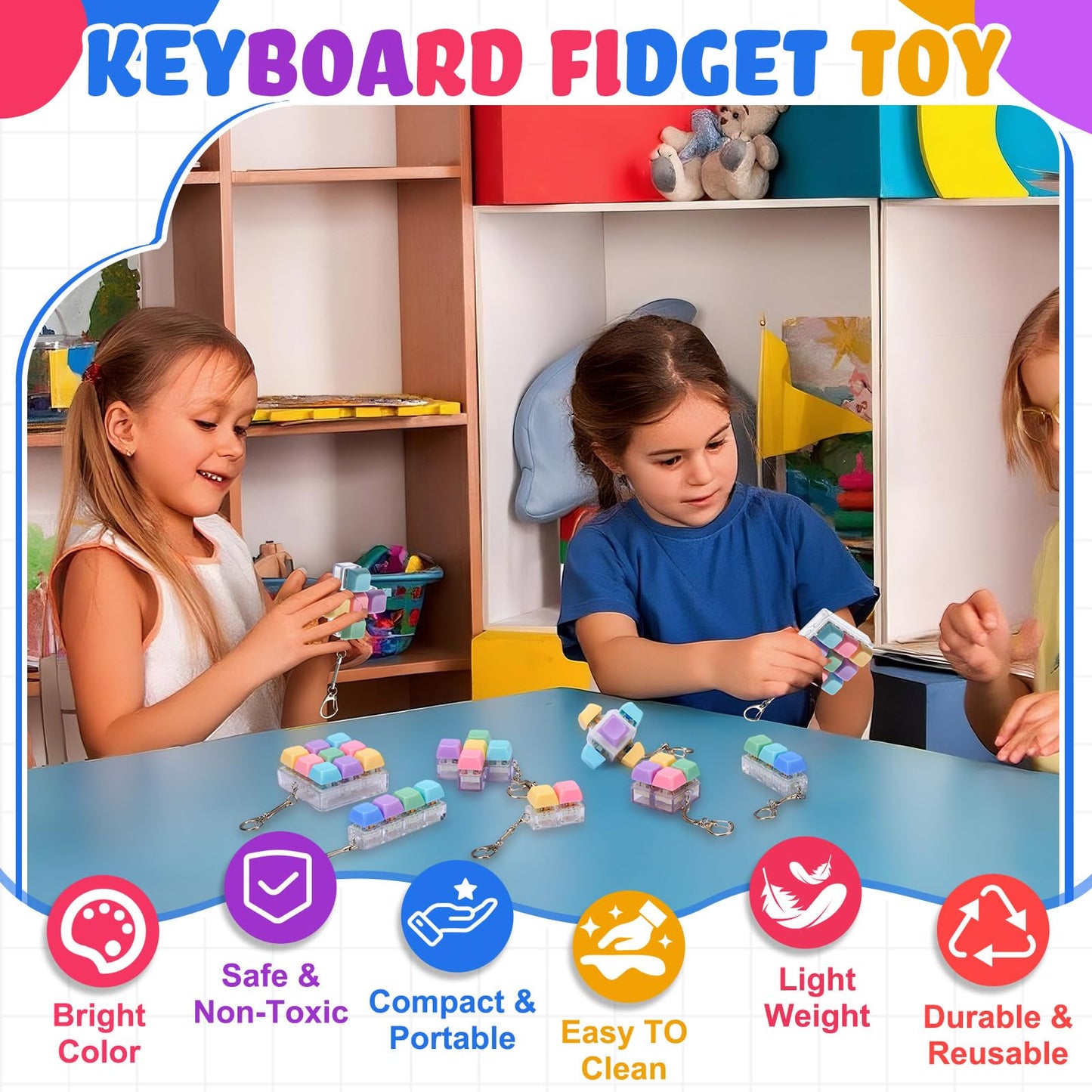 RoundFunny 12-Pcs Keyboard Clicker Fidget Toys — Classic Stress Relief Keychain Set for Adults & Kids