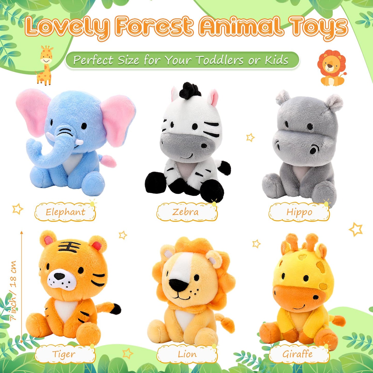 RoundFunny 6 Pcs Small Safari Animals Plush Toys — 7 Inch Jungle Plush Set for Baby Showers & Parties