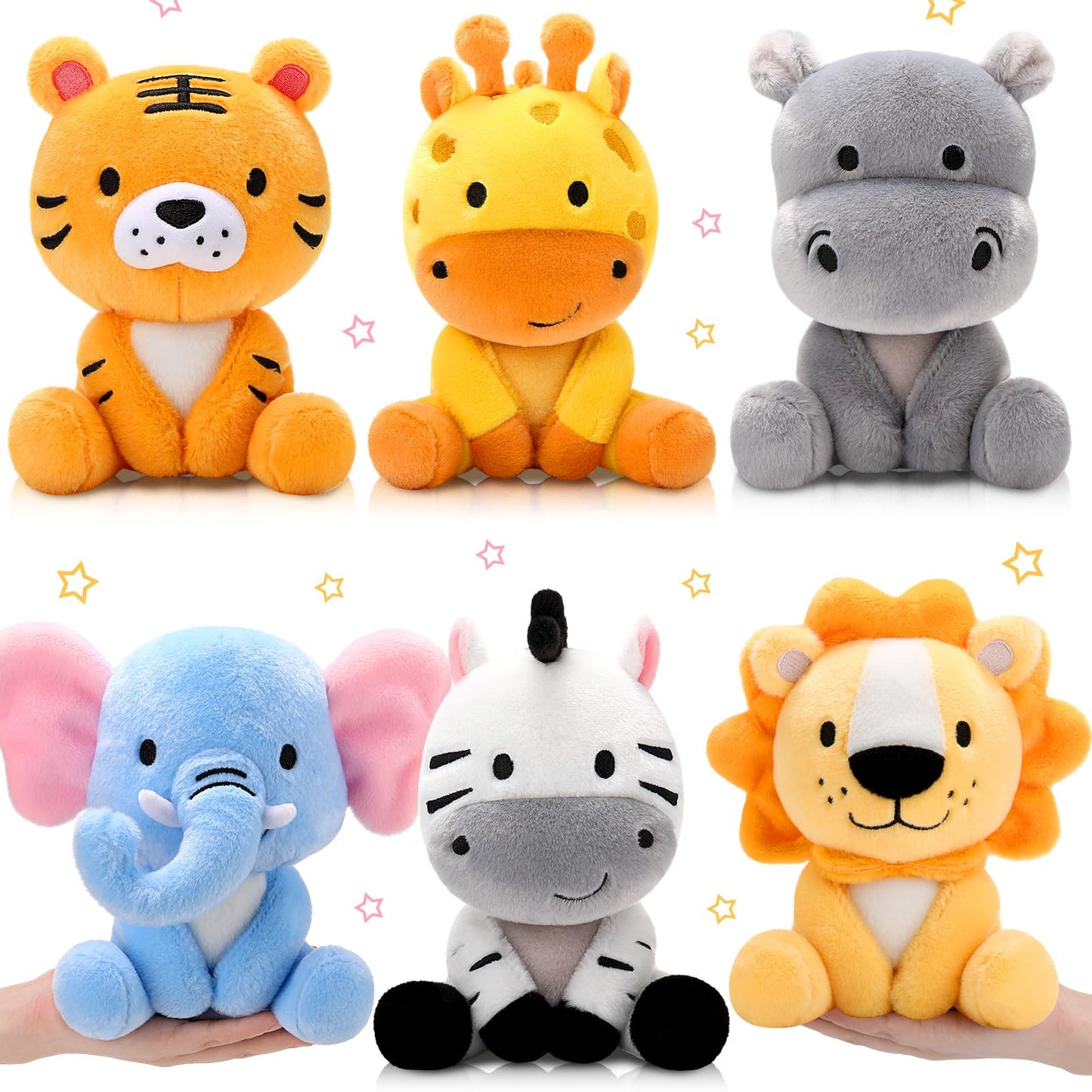 RoundFunny 6 Pcs Small Safari Animals Plush Toys — 7 Inch Jungle Plush Set for Baby Showers & Parties