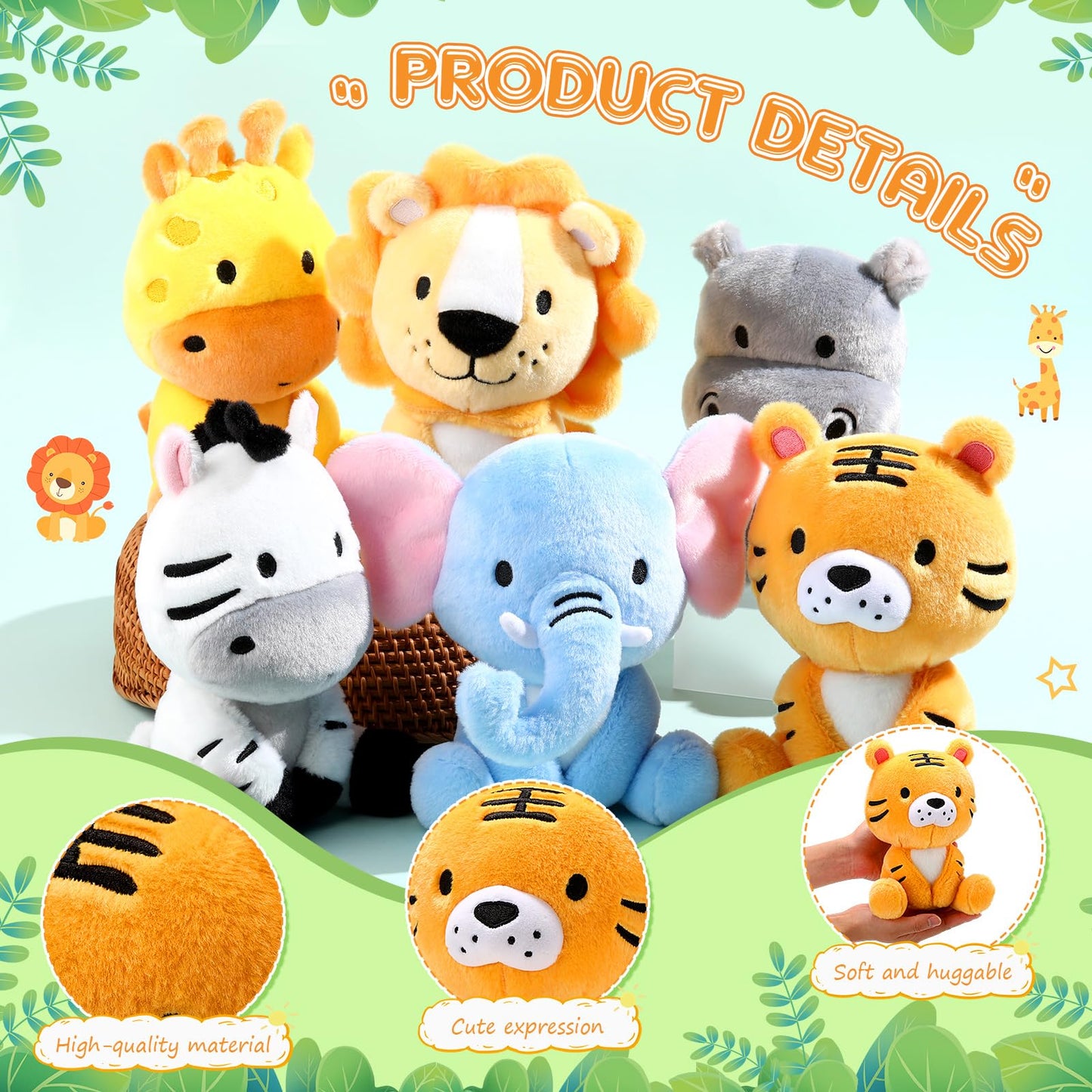 RoundFunny 6 Pcs Small Safari Animals Plush Toys — 7 Inch Jungle Plush Set for Baby Showers & Parties