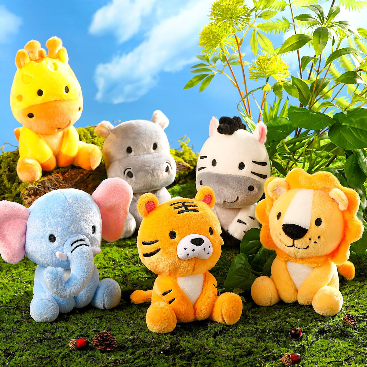 RoundFunny 6 Pcs Small Safari Animals Plush Toys — 7 Inch Jungle Plush Set for Baby Showers & Parties