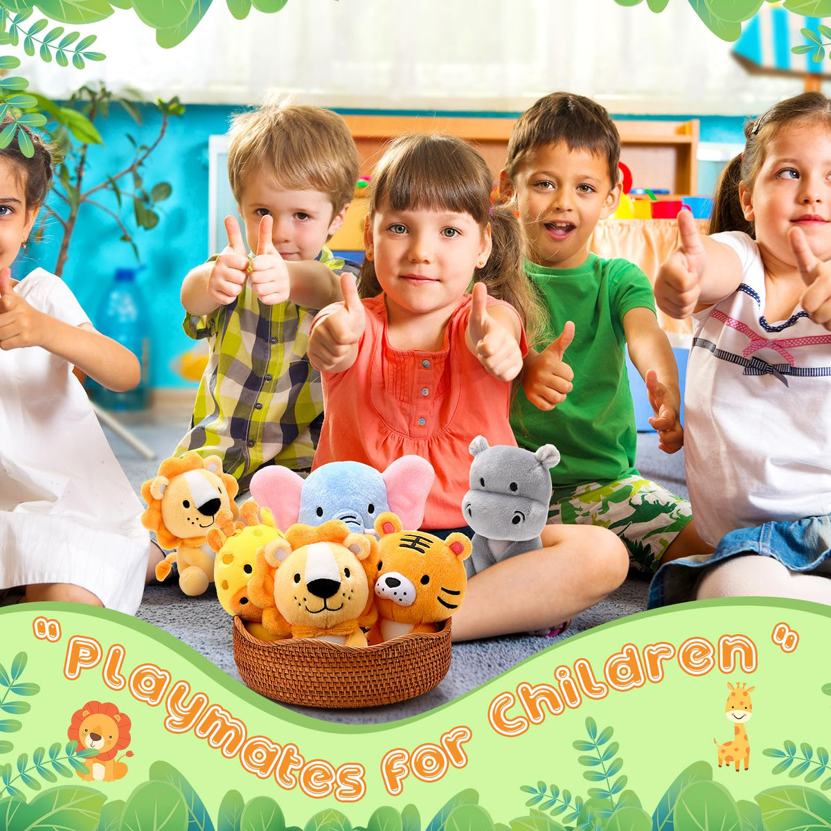 RoundFunny 6 Pcs Small Safari Animals Plush Toys — 7 Inch Jungle Plush Set for Baby Showers & Parties