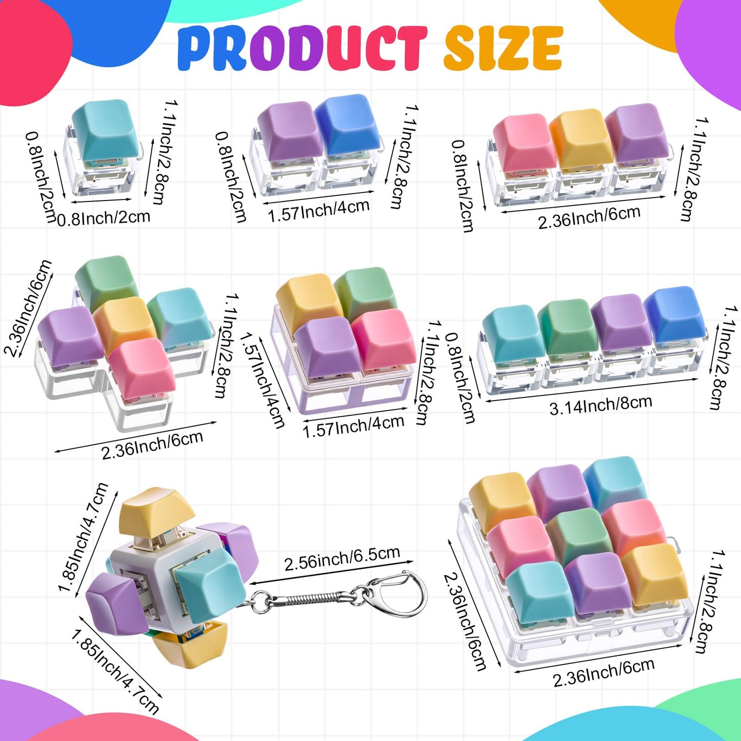 RoundFunny 12-Pcs Keyboard Clicker Fidget Toys — Classic Stress Relief Keychain Set for Adults & Kids