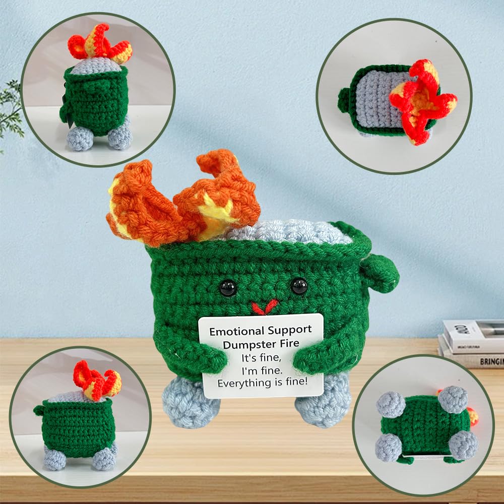 RovyFota Emotional Support Crochet Dumpster Fire – Cute Desk Decor (Green)